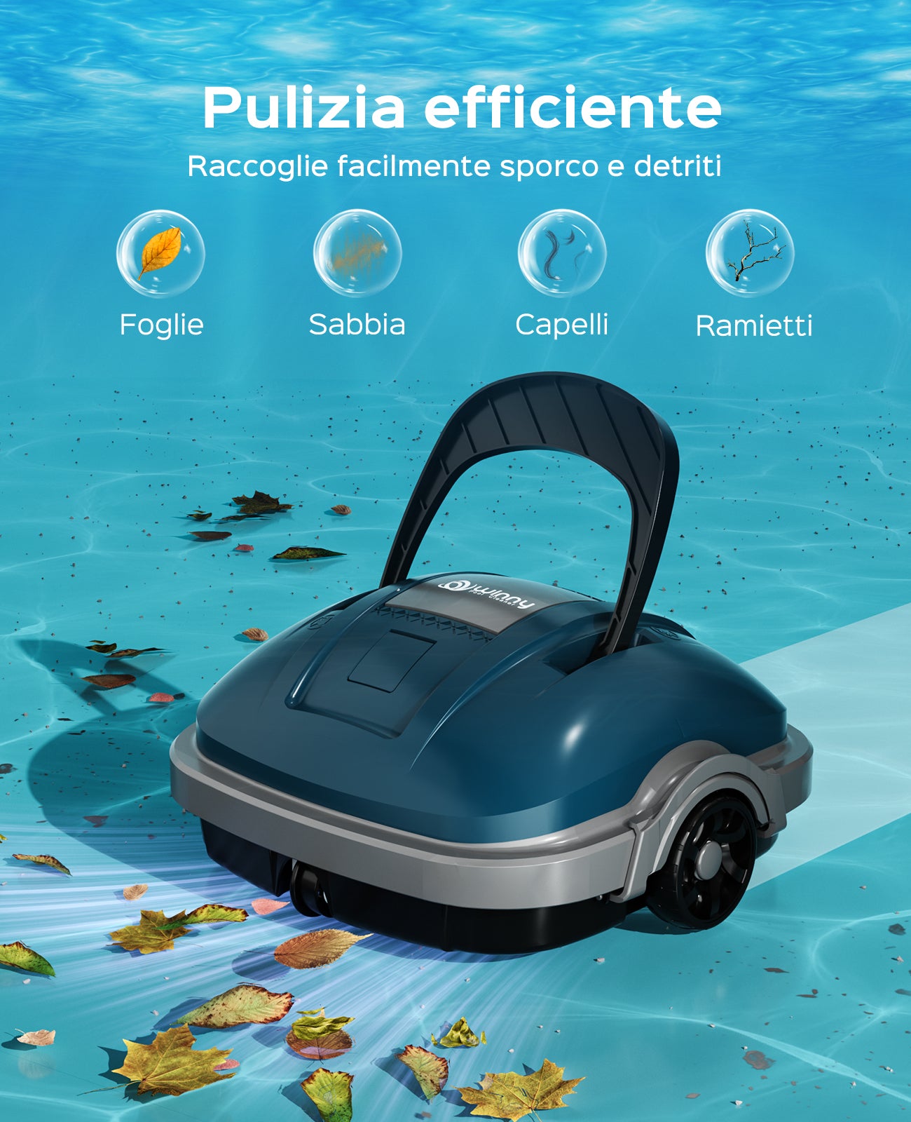 WINNY POOL CLEANER Winny 200 Max Robot Piscina Fuori Terra,Autonomia 100 Min,Robot Pulitore Piscina Senza Fili,Doppi Motori,Parcheggio Automatico,180 µm,per Piscine Fino a 80 m²-Blu Scuro