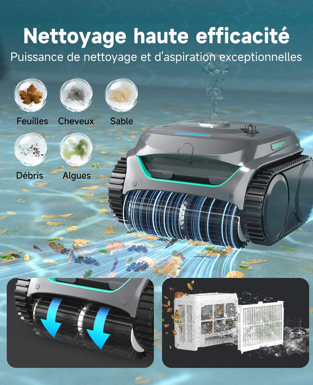WYBOT C2 Robot Piscine Sans Fil, Double Filtration, 3 Moteurs, Aspiration Puissante, Nettoyage Fond et Parois & Ligne d'Eau, 180 Min, pour Piscines Enterrées 150㎡, App(Vert gris foncé-Gris)