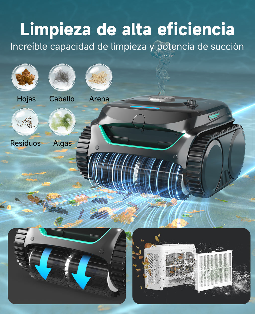 WYBOT C2 Limpiafondos Piscina Robot Inalámbrico, 3 Motores, Doble Filtración, Limpieza Paredes y Línea de Agua, Autonomía 180 Min, para Piscinas Enterradas Hasta 150㎡, App(Verde negro oscuro-Gris)