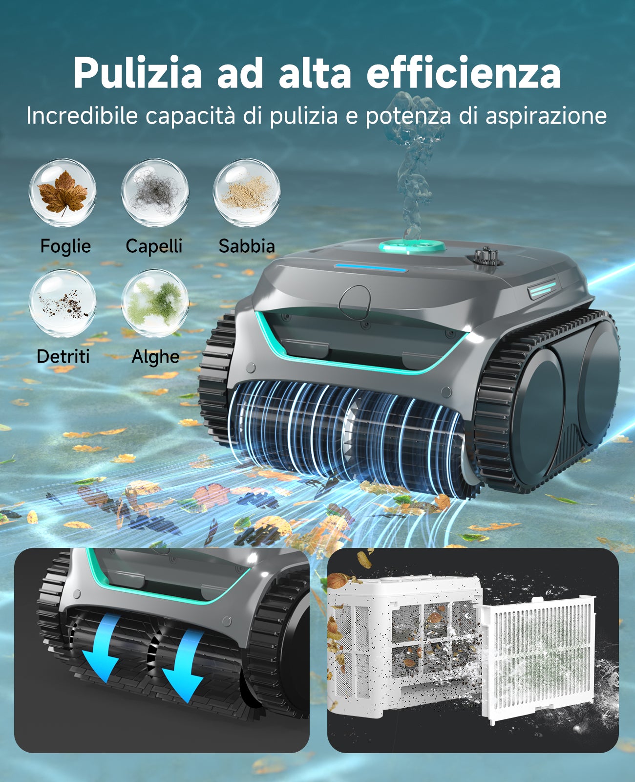 WYBOT C2 Robot Piscine Pareti e Fondo, Senza Fili per Piscine Interrate 150㎡, Doppia Filtrazione, 3 Motori, Aspirazione Potente, Pulizia Pareti & Linea d'Acqua, 180 Min, App(Verde grigio scuro-Verde)