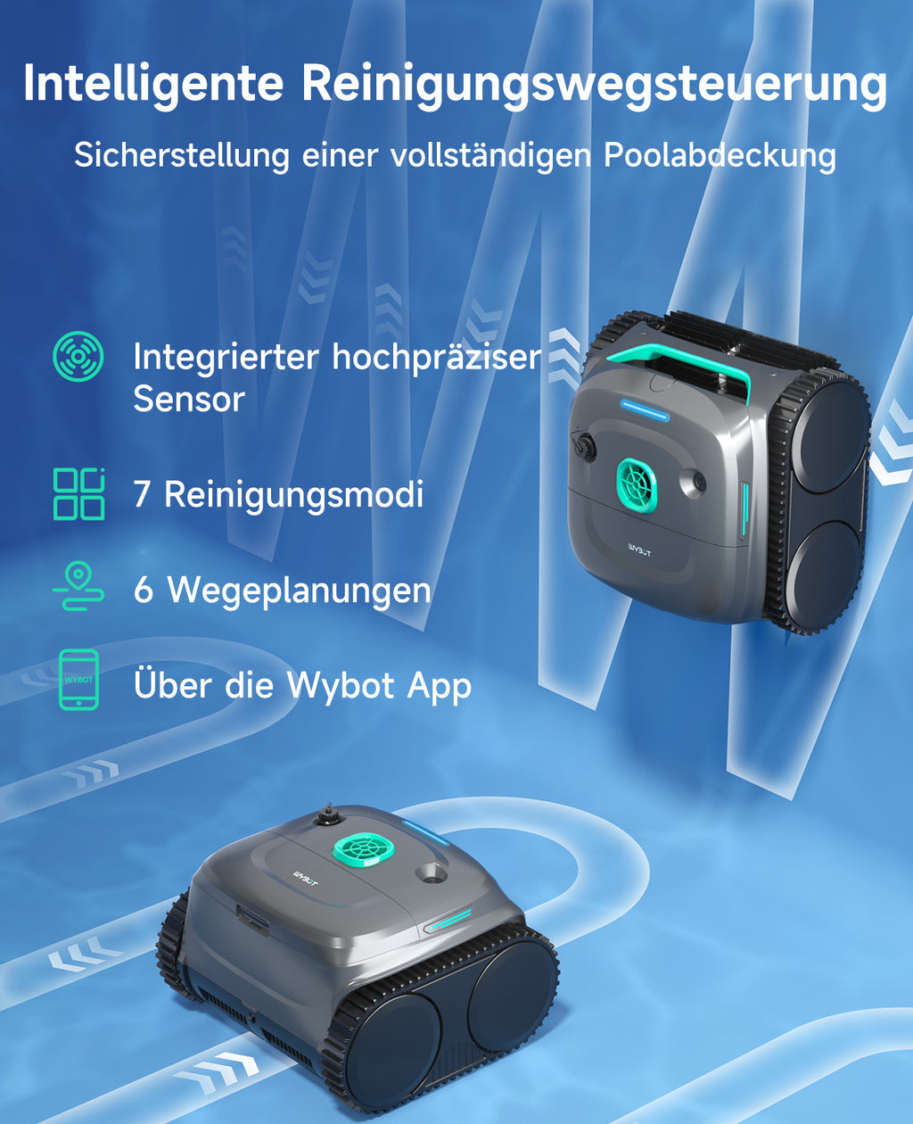 WYBOT C2 Poolroboter Akku Boden und Wand für Einbaupools bis 150㎡, Doppelfiltration, 3-fach Motor, Starke Saugkraft, Wandkletter & Wasserlinie, 180 Min, App(Grau-Grün Grün)