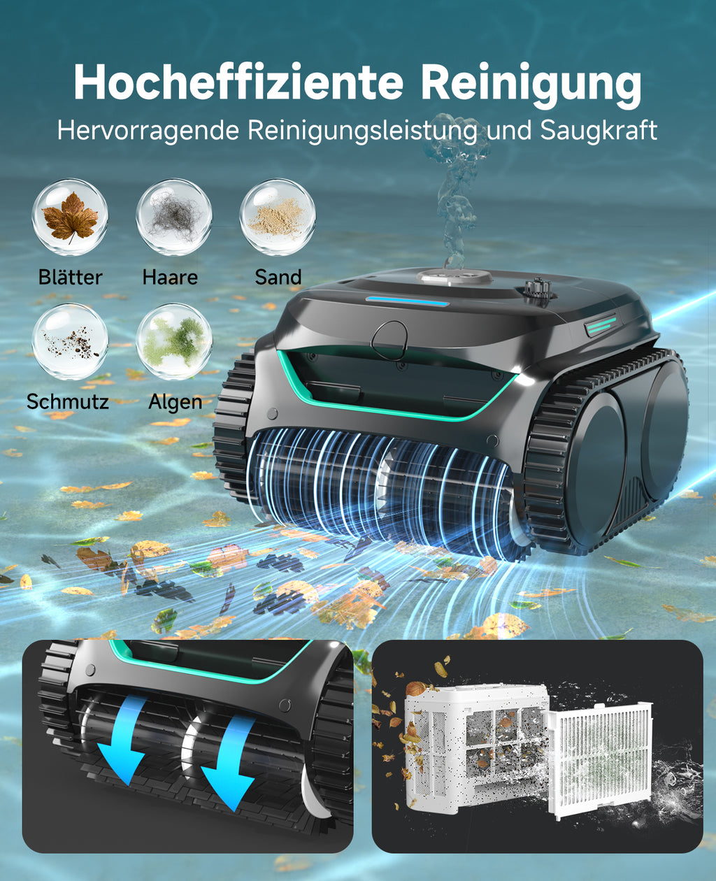 WYBOT C2 Poolroboter Akku Boden und Wand, 3-Fach Motor, Doppelfiltration, Wandkletter & Wasserlinienreinigung, 180 Min Laufzeit, für Einbaupools bis 150㎡, App-Steuerung(Dunkelschwarzgrün-Grau)
