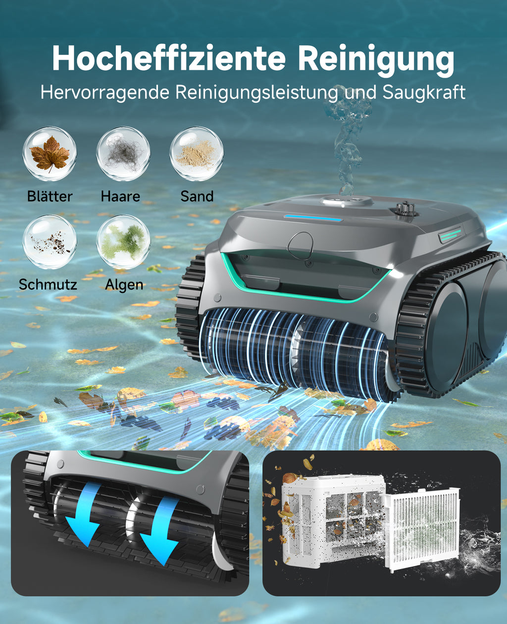 WYBOT C2 Poolroboter Akku Boden und Wand, 3-Fach Motor, Doppelfiltration, Wandkletter & Wasserlinienreinigung, 180 Min Laufzeit, für Einbaupools bis 150㎡, App-Steuerung(Dunkelgraugrün-Grau)