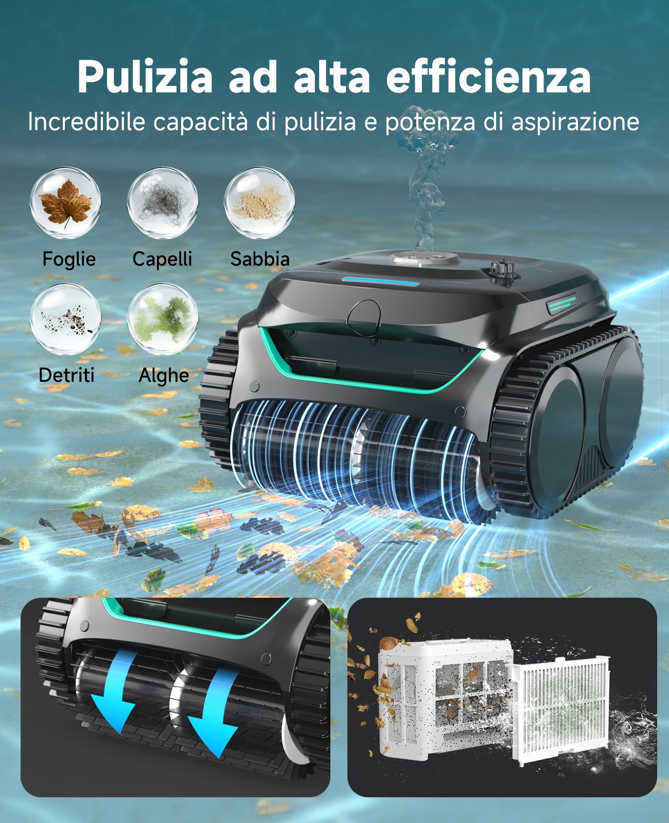 WYBOT C2 Robot Piscine Pareti e Fondo, Senza Fili per Piscine Interrate 150㎡, Doppia Filtrazione, 3 Motori, Aspirazione Potente, Pulizia Pareti & Linea d'Acqua, 180 Min, App(Verde nero scuro-Grigio)