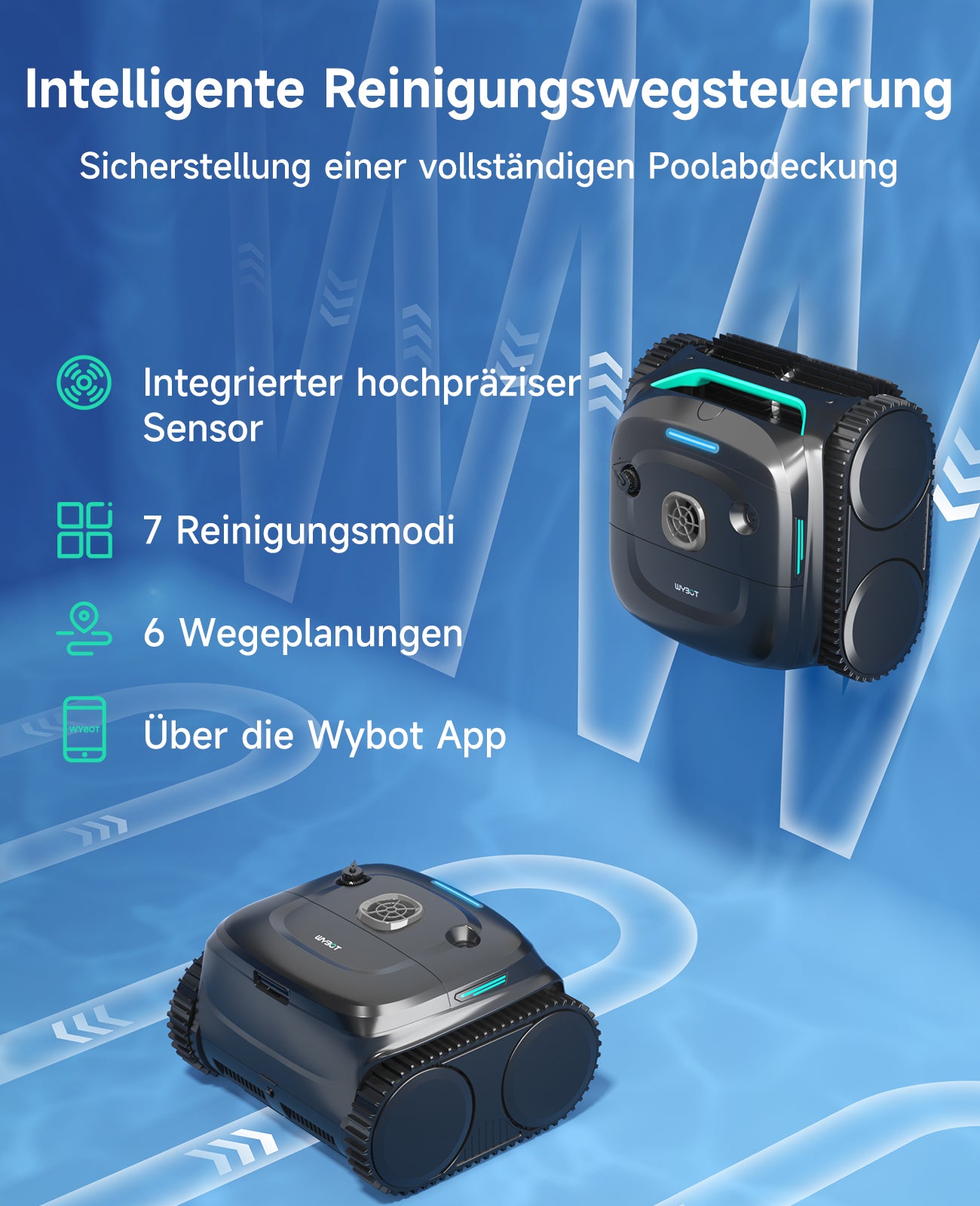 WYBOT C2 Poolroboter Akku Boden und Wand für Einbaupools bis 150㎡, Doppelfiltration, 3-Fach Motor, Starke Saugkraft, Wandkletter & Wasserlinie, 180 Min, App(Schwarz-Grün Grau)