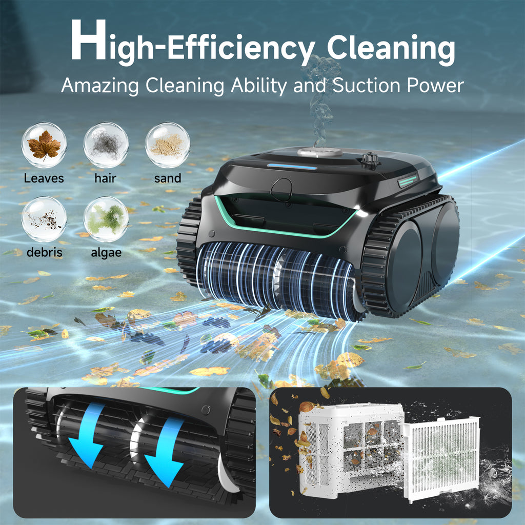 WYBOT C2 Cordless Robotic Pool Cleaner, Dual Filtrations, Floor, Wall &Waterline Cleaning, App Scheduling, Smart Navigation, Pool Vacuum for Inground Pools-Jet Black with Green Handle