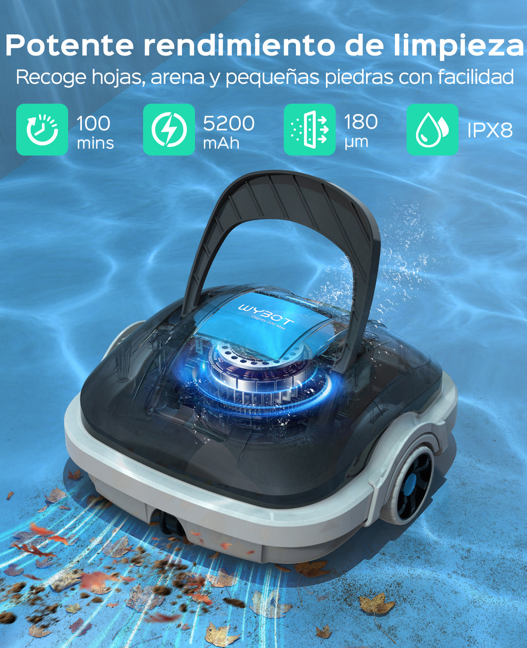 WYBOT Osprey 200 MAX Robot Limpiafondos Piscina Automatico,Motores Duales,Limpiador de Piscina Sin Cable,100 min Autonomía,Estacionamiento Auto,para Piscinas Elevadas 80 m²(Gris Oscuro)