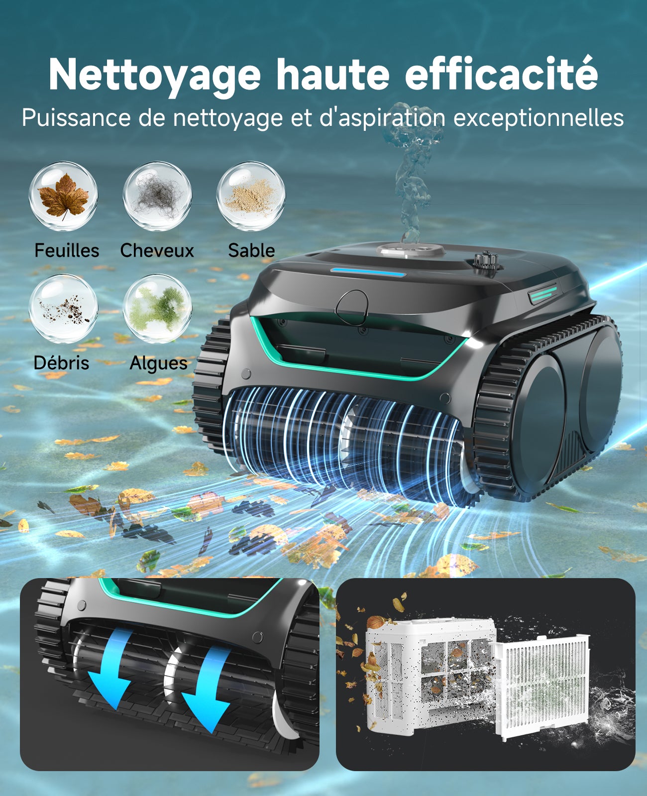 WYBOT C2 Robot Piscine Sans Fil, Double Filtration, 3 Moteurs, Aspiration Puissante, Nettoyage Fond et Parois & Ligne d'Eau, 180 Min, pour Piscines Enterrées 150㎡, App(Vert noir foncé-Gris)