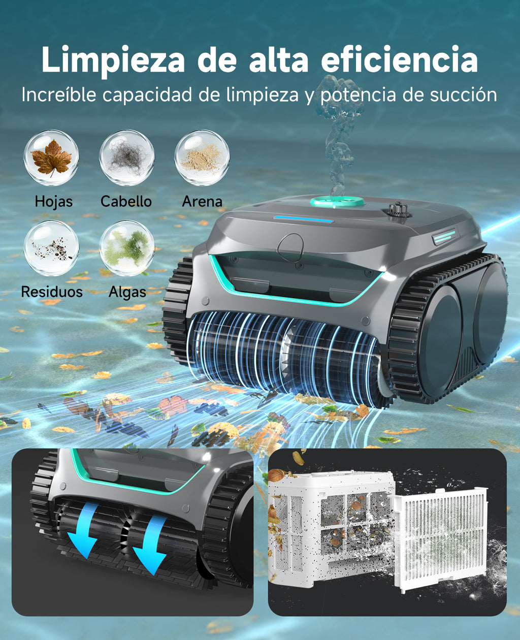 WYBOT C2 Limpiafondos Piscina, Robot Limpiafondos Piscina Inalámbrico 150㎡, Doble Filtración, 3 Motores, Succión Potente, Limpieza Paredes & Línea de Agua, 180 Min, App(Verde gris oscuro-Verde)