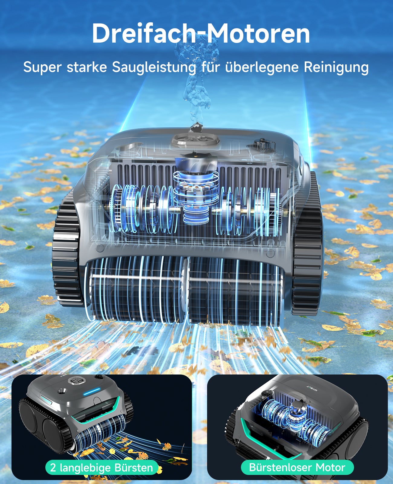 WYBOT C2 Limpiafondos Piscina, Robot Limpiafondos Piscina Inalámbrico 150㎡, Doble Filtración, 3 Motores, Succión Potente, Limpieza Paredes & Línea de Agua, 180 Min, App(Gris-Verde Gris)