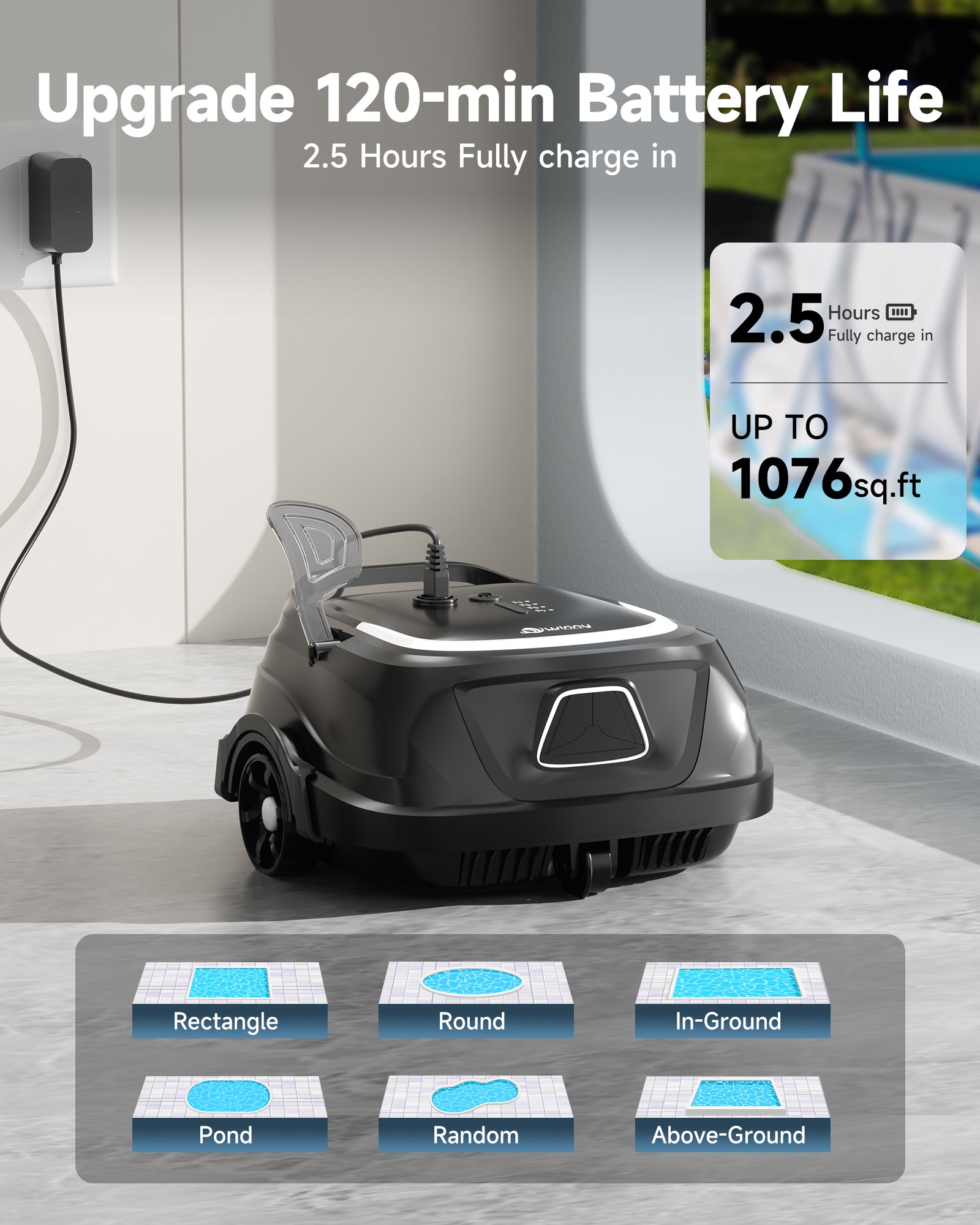 Winny AONE Cordless Robotic Pool Vacuum for Above Ground Pools, 130-Min Runtime, Dual-Layer Filtration, 2150 GPH Suction, LED Indicator, Self-Parking, Up to 1,120 Sq.Ft（Black Pearl）