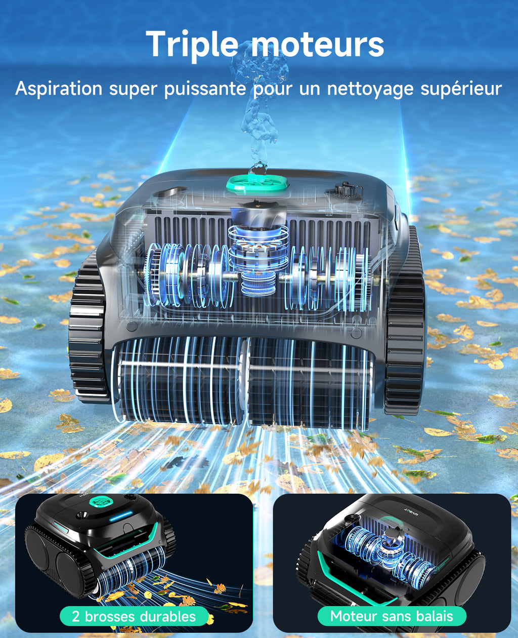 WYBOT C2 Robot Piscine sans Fil pour Piscines Enterrées 150㎡, Double Filtration, 3 Moteurs, Aspiration Puissante, Nettoyage Parois & Ligne d'eau, 180 Min, App(Noir-Vert Vert)