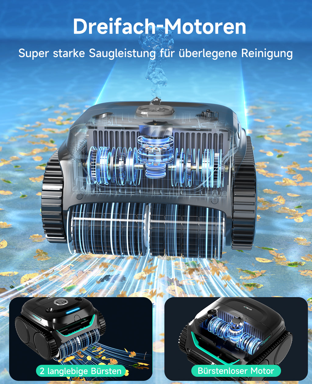 WYBOT C2 Poolroboter Akku Boden und Wand für Einbaupools bis 150㎡, Doppelfiltration, 3-Fach Motor, Starke Saugkraft, Wandkletter & Wasserlinie, 180 Min, App(Schwarz-Grün Grau)