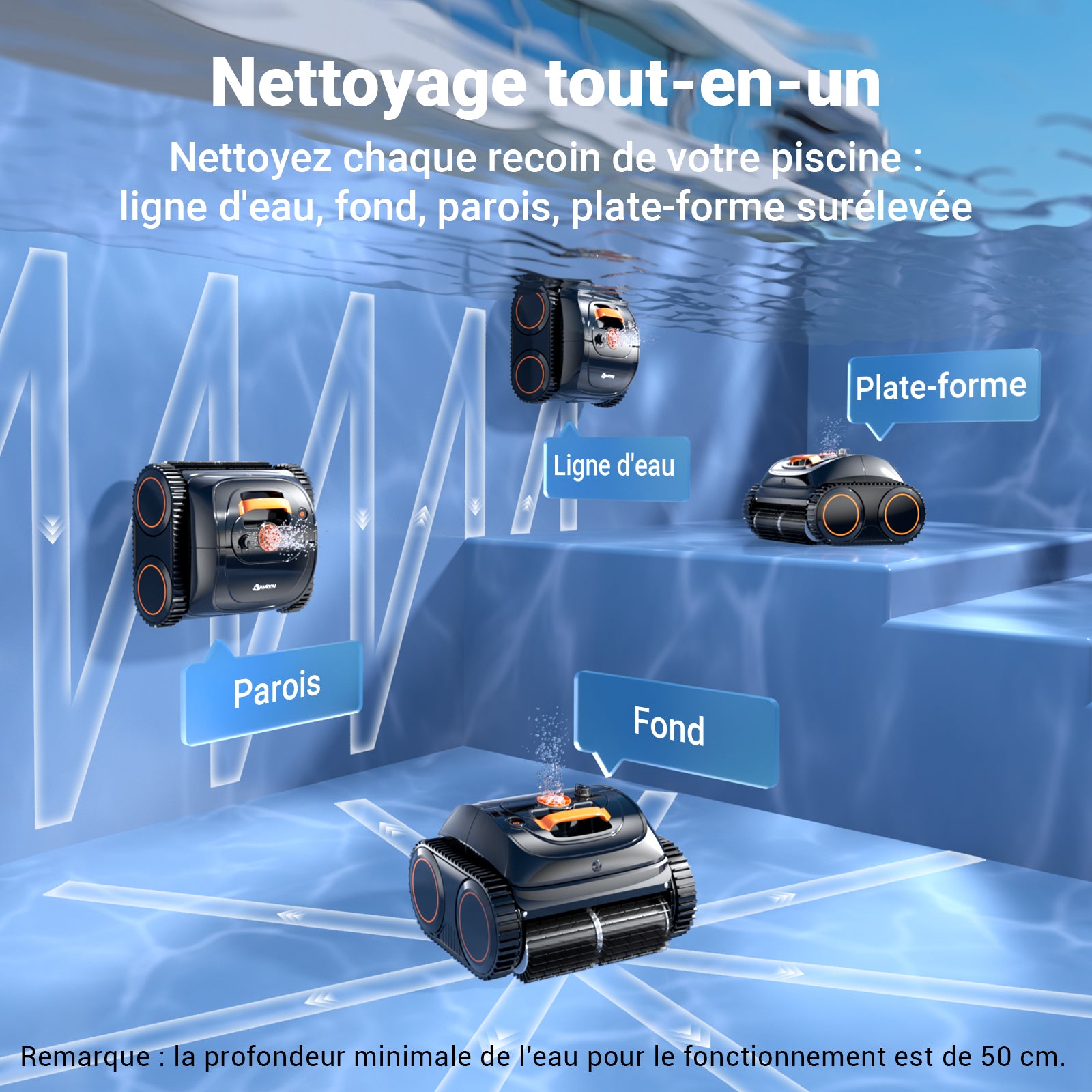 Winny C1 Robot Piscine sans Fil-Nettoie Fond et Parois, Navigation Intelligente, Autonomie 150 Min, Stationnement Automatique, Contrôle par APP, pour Piscines Enterrées et Hors Sol, Orange Noir