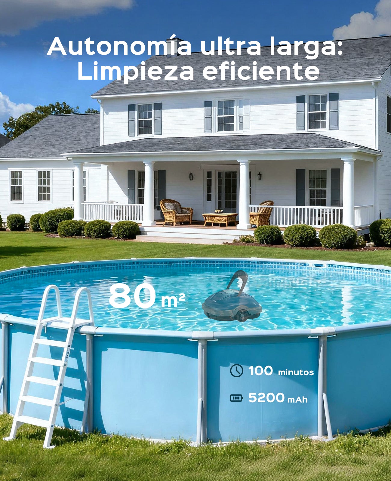 WINNY POOL CLEANER Winny 200 MAX Robot Limpiafondos Piscina Automatico,100 min Autonomía,Limpiador de Piscina Sin Cable,Estacionamiento Auto,180 µm,para Piscinas Elevadas 80m²-Azul Oscuro
