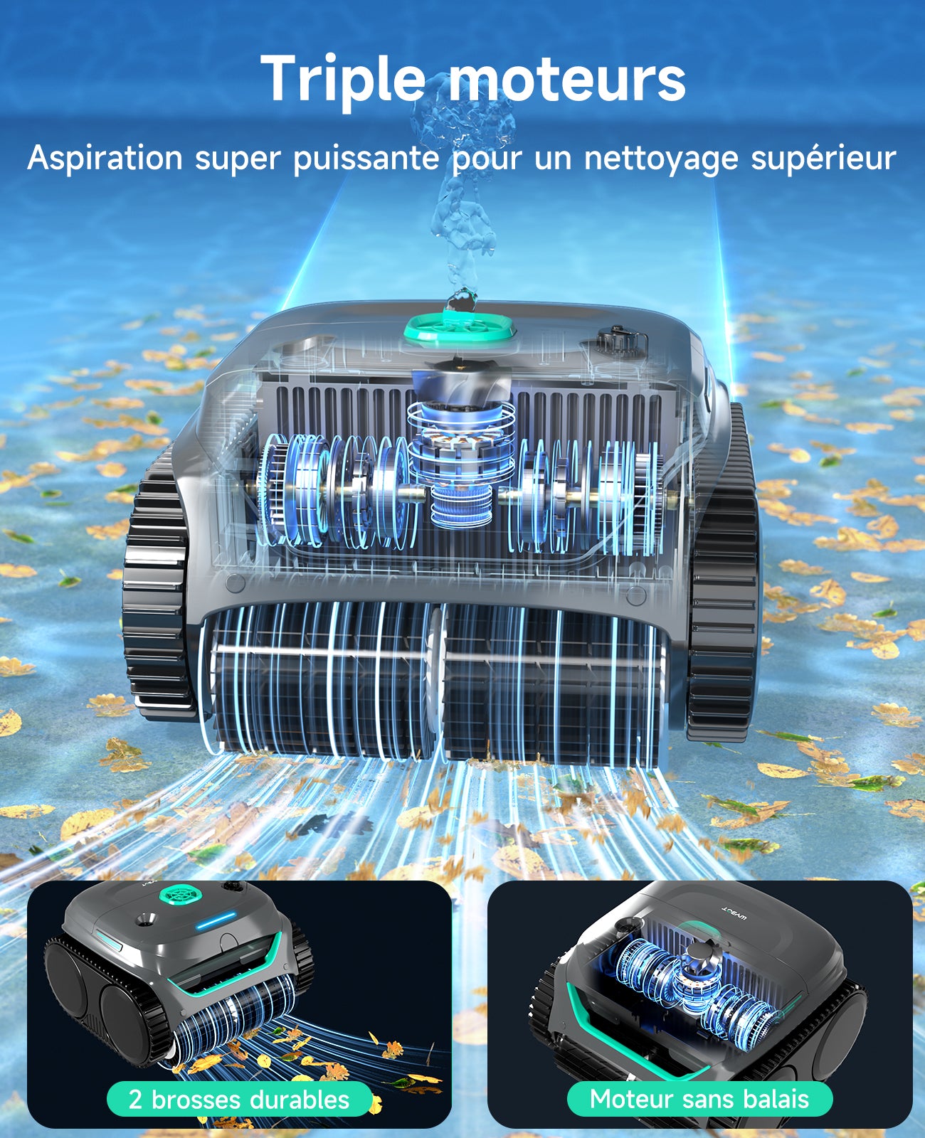 WYBOT C2 Robot Piscine Sans Fil pour Piscines Enterrées 150㎡, Double Filtration, 3 Moteurs, Aspiration Puissante, Nettoyage Parois & Ligne d'Eau, 180 Min, App(Gris-Vert Vert)