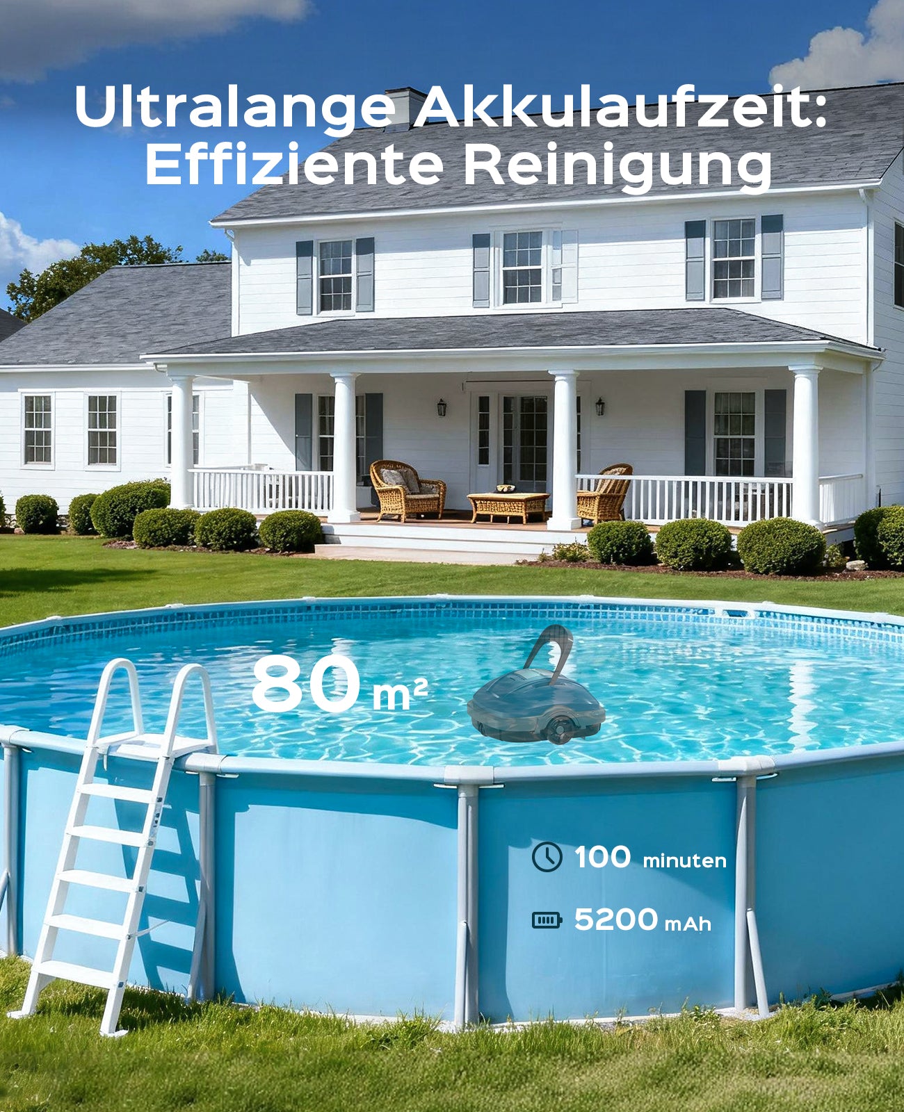 WINNY POOL CLEANER Winny 200 MAX Poolroboter Akku Kabellos Poolsauger Roboter mit 180μm Filtration 100 Min Automatische Parken Poolreiniger für Flachem Boden Aufstellpools bis 80 m²-Dunkelblau