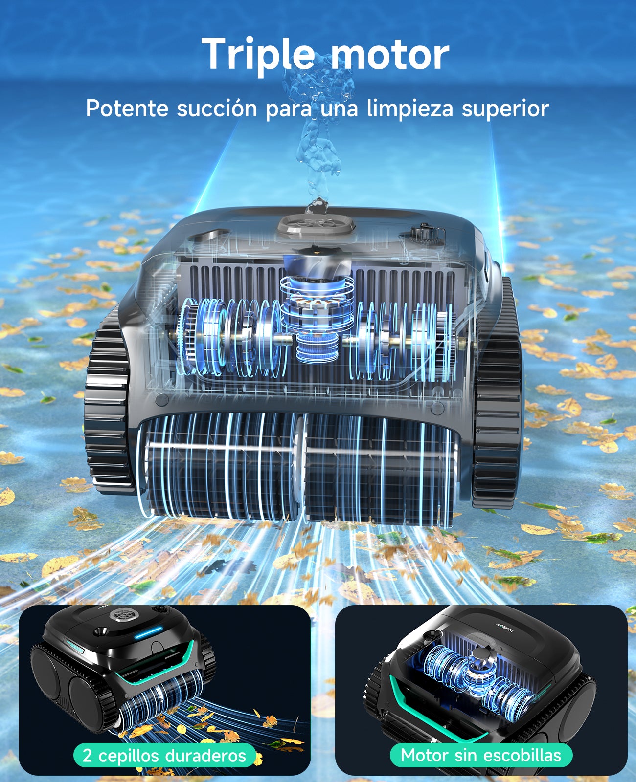 WYBOT C2 Limpiafondos Piscina, Robot Limpiafondos Piscina Inalámbrico 150㎡, Doble Filtración, 3 Motores, Succión Potente, Limpieza Paredes & Línea de Agua, 180 Min, App(Negro-Verde Gris)