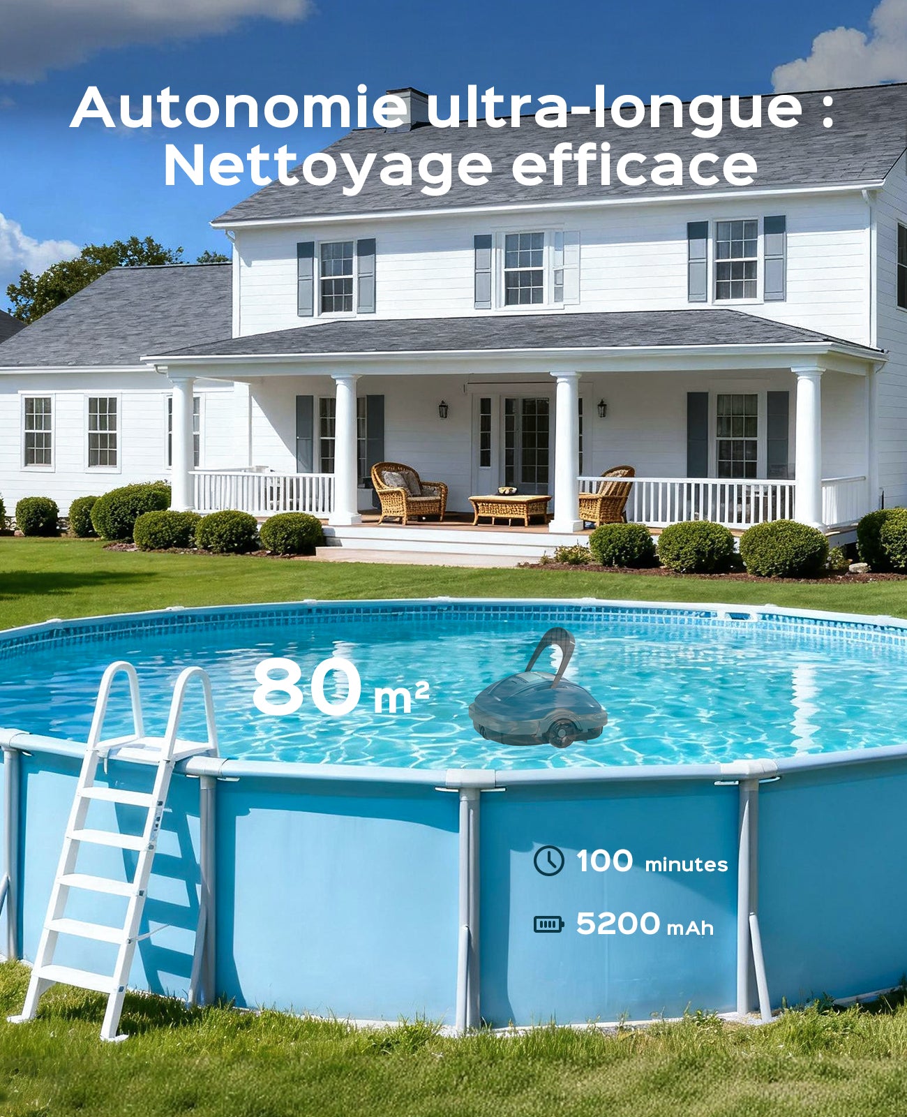 WINNY POOL CLEANER Winny 200 Max Robot Piscine, Aspirateur Piscine sans Fil,Autonomie 100 Min,Stationnement Automatique,Nettoyeur de Piscine Filtration 180 µm,pour Piscines Hors Sol 80m²-Bleu foncé