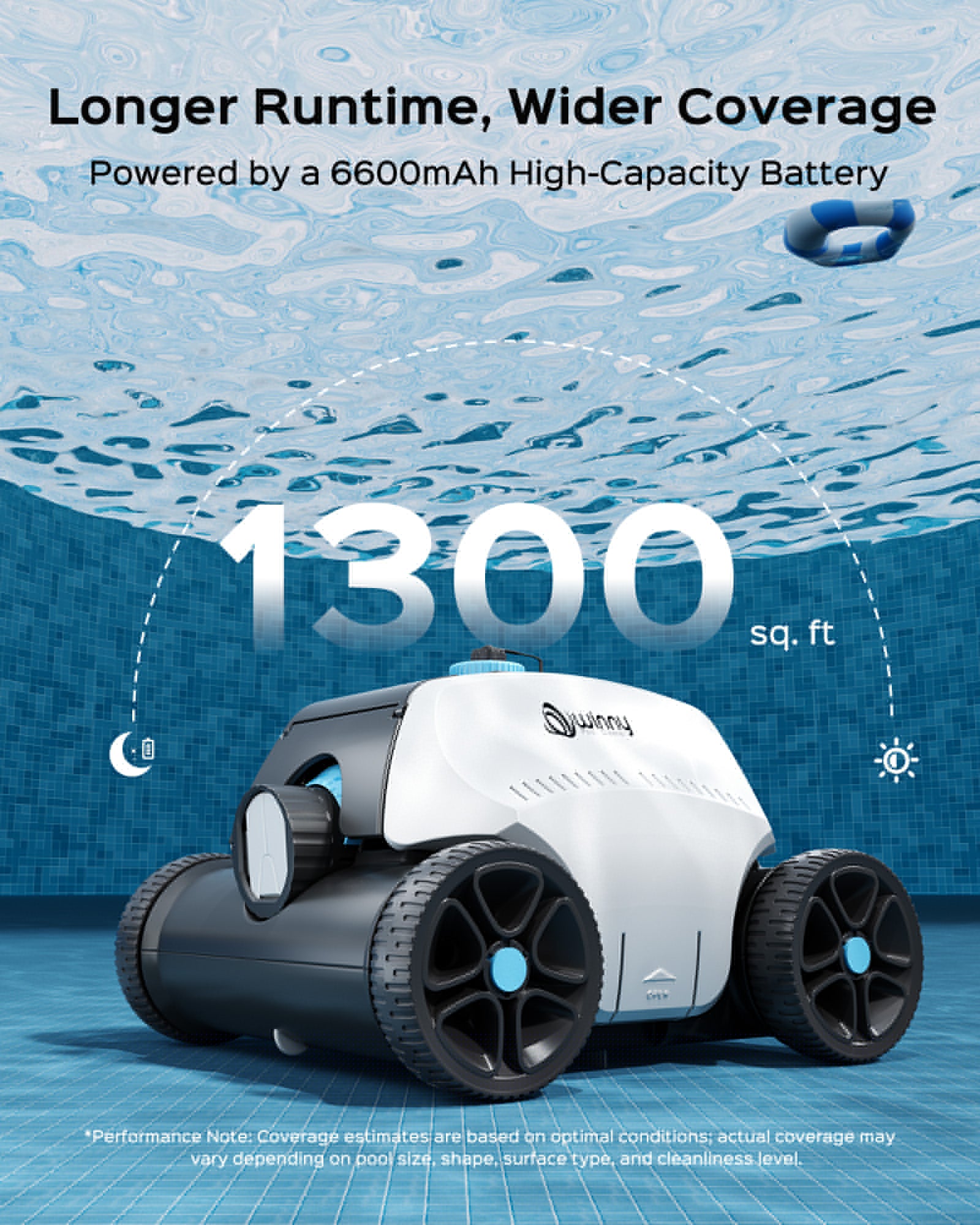 Winny 2026 Robotic Pool Vacuum for Above Ground Pool- 6600mAh for 130mins Runtime & 50W Powerful Suction, Self-Parking Pool Cleaner with 180μm Filter Tray Up to 1300 Sq White&Blue