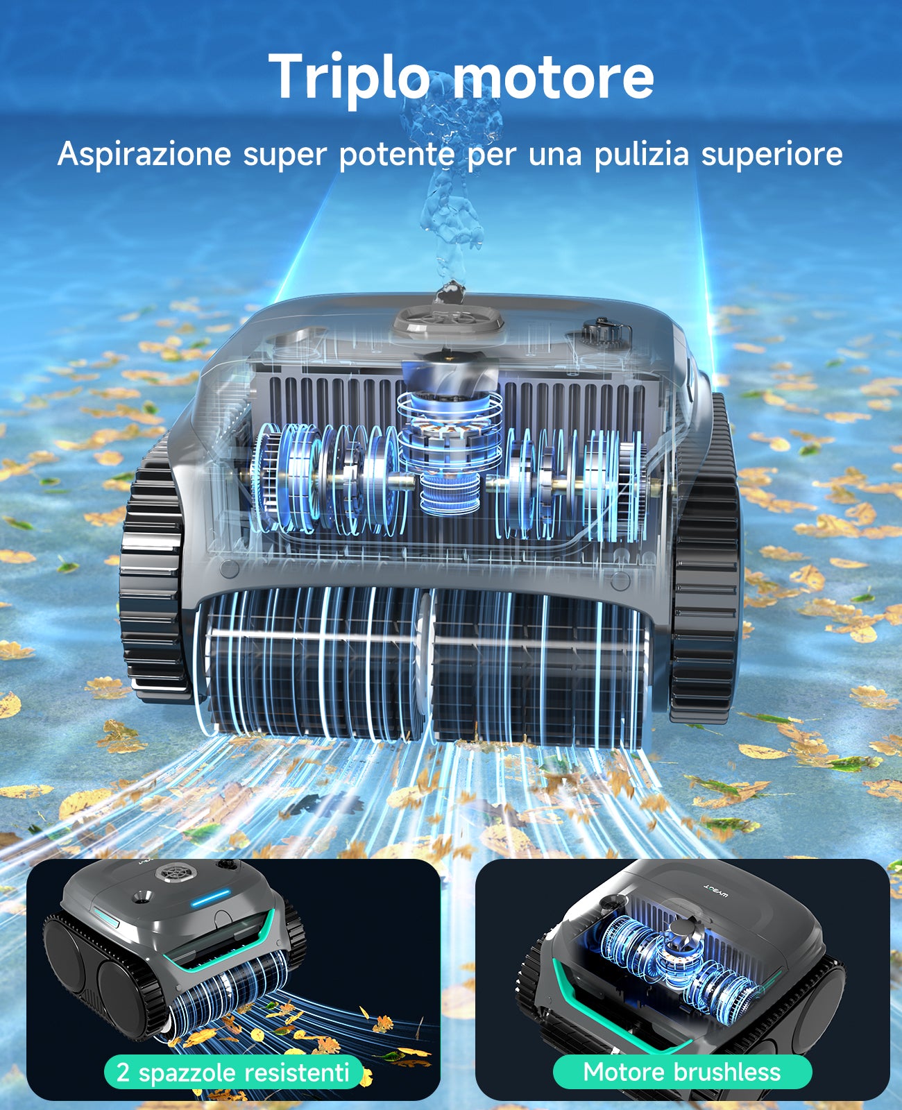 WYBOT C2 Robot Piscine Pareti e Fondo, Senza Fili per Piscine Interrate 150㎡, Doppia Filtrazione, 3 Motori, Aspirazione Potente, Pulizia Pareti & Linea d'Acqua, 180 Min, App(Grigio-Verde Verde)
