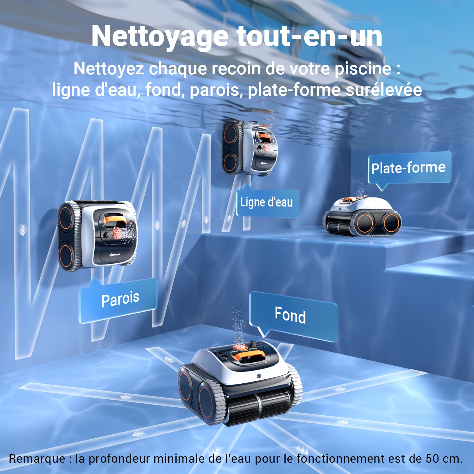Winny C1 Robot Piscine sans Fil-Nettoie Fond et Parois, Navigation Intelligente, Autonomie 150 Min, Stationnement Automatique, Contrôle par APP, pour Piscines Enterrées et Hors Sol, Orange Blanc