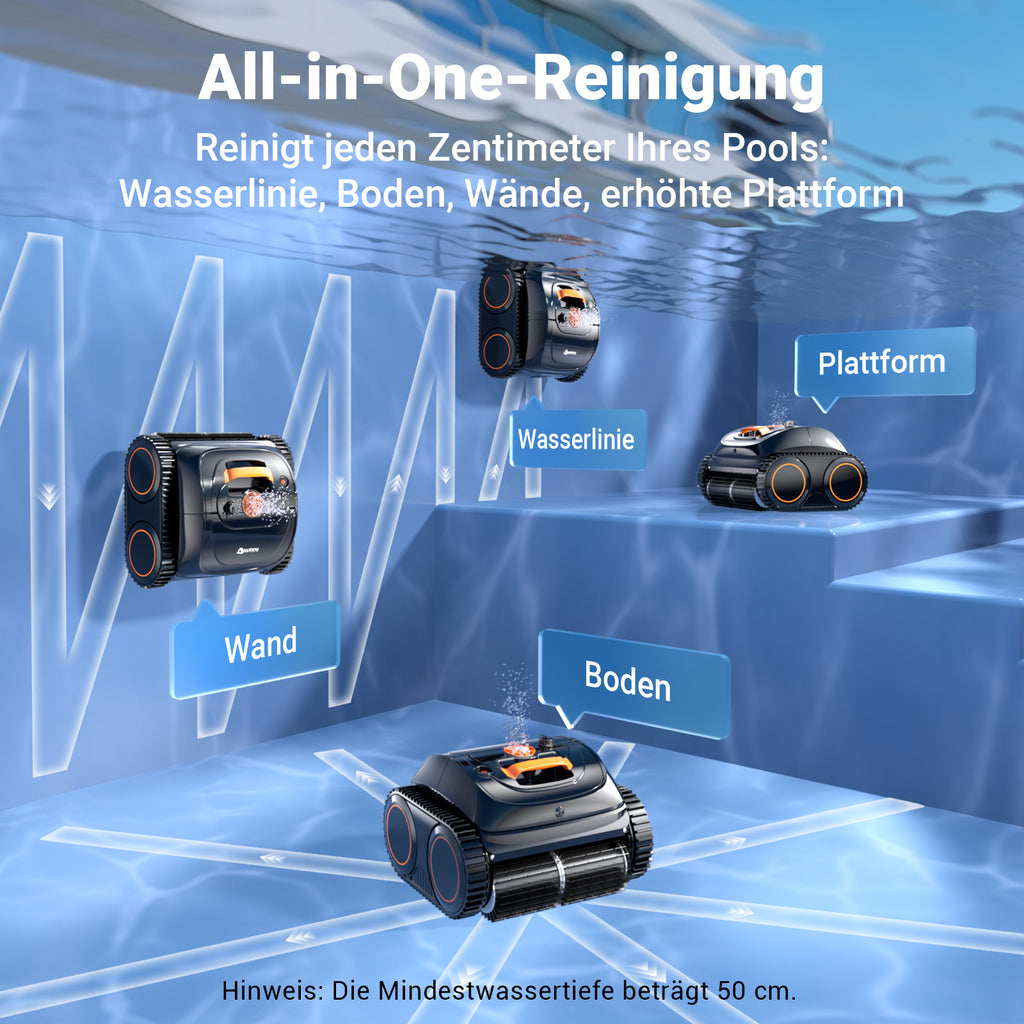 Winny C1 Poolroboter Akku Wand und Boden-Keine Kabel, Reinigt Boden & Wände, 150 min, Selbstparkend, App-Control, 150㎡ Reichweite, für ERD- & Aufstellpools, Schwarzorange
