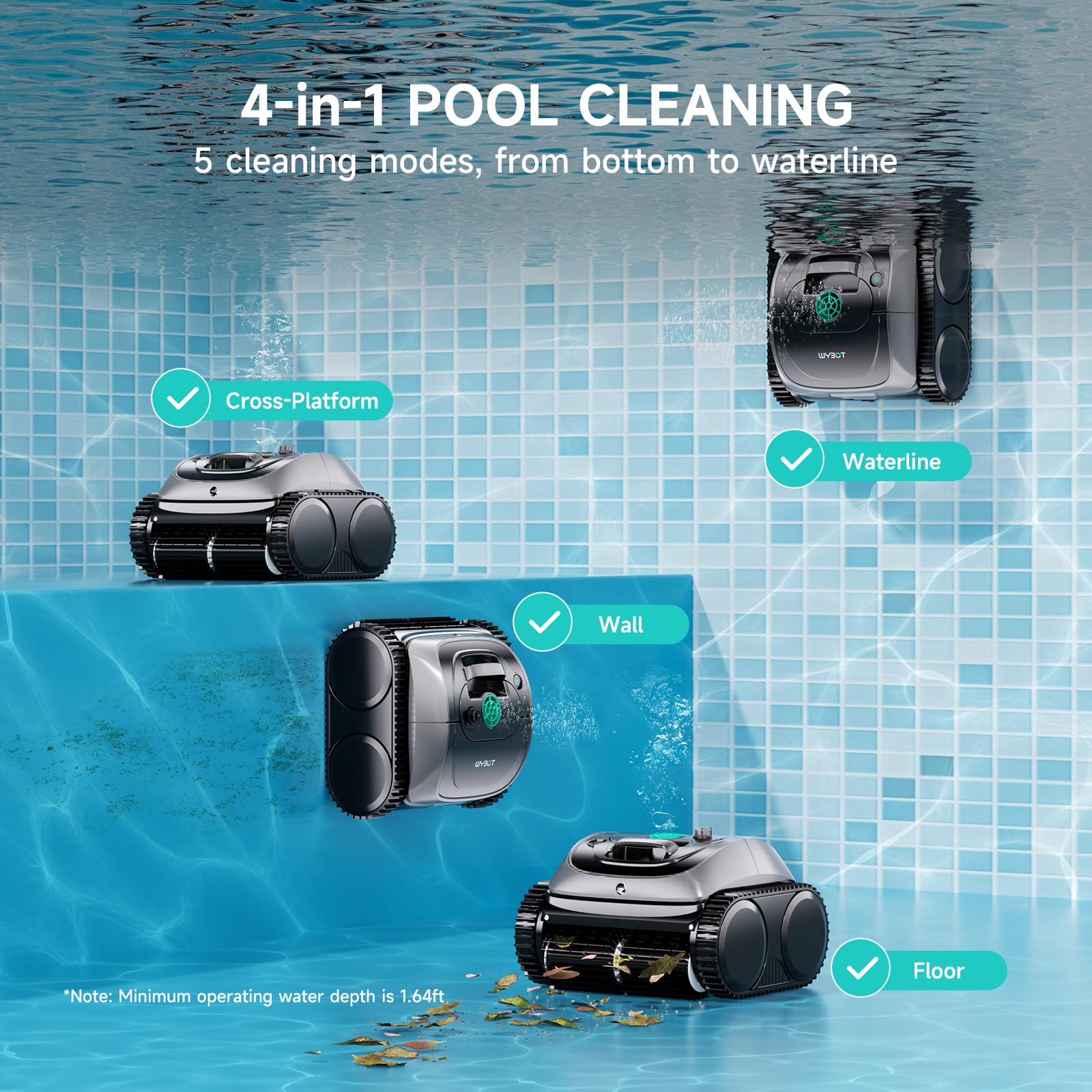 (2026 Upgrade) WYBOT C1 Cordless Robotic Pool Vacuum for Inground Pools, Above Ground Pool Cleaner 4-in-1 Wall & Waterline Cleaning Up to 1,614sq.ft, 150mins Smart Navigation, App Support