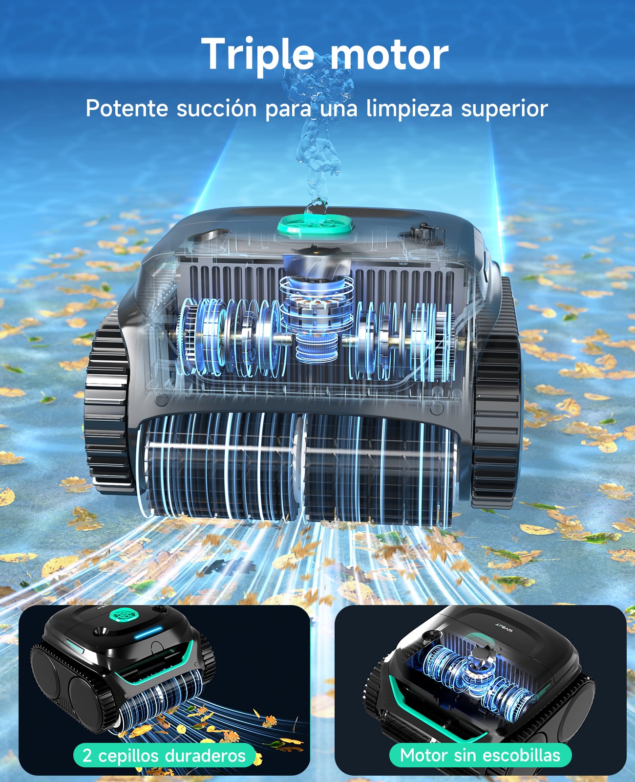 WYBOT C2 Limpiafondos Piscina, Robot Limpiafondos Piscina Inalámbrico 150㎡, Doble Filtración, 3 Motores, Succión Potente, Limpieza Paredes & Línea de Agua, 180 Min, App(Negro-Verde Gris)