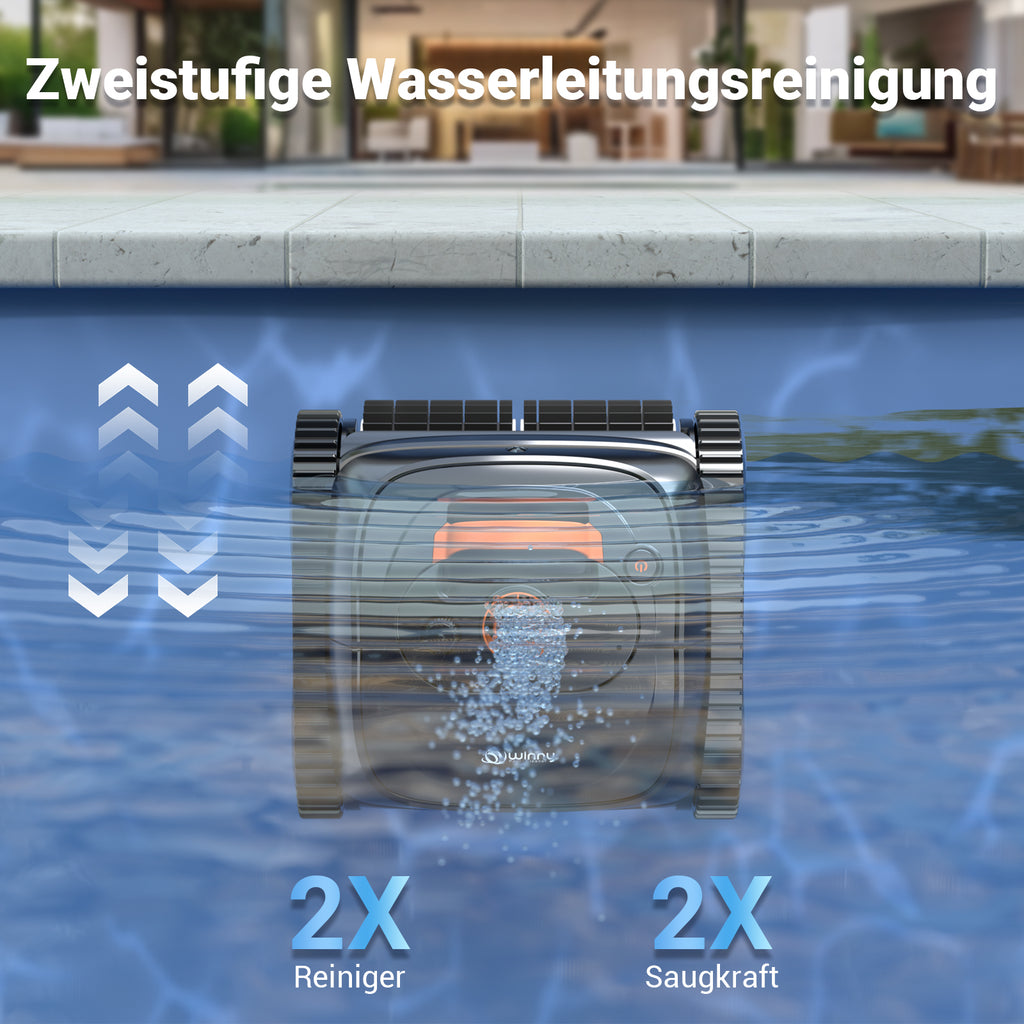 Winny C1 Poolroboter Akku Wand und Boden-Keine Kabel, Reinigt Boden & Wände, 150 min, Selbstparkend, App-Control, 150㎡ Reichweite, für ERD- & Aufstellpools, Schwarzorange