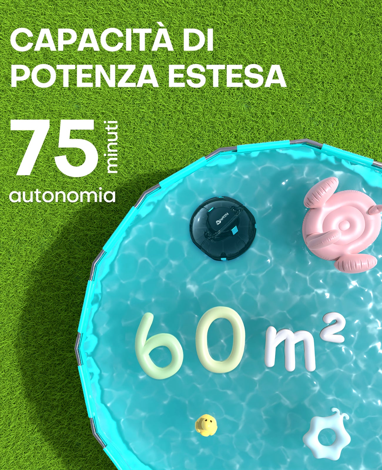 WINNY POOL CLEANER Winny 200 Robot Piscina, Piscina Senza Fili con Batteria, Autonomia 75 Min per Piscine Fuori Terra 60 m², Doppia Filtrazione, Parcheggio Automatico (Trasparente Nero-Blu)