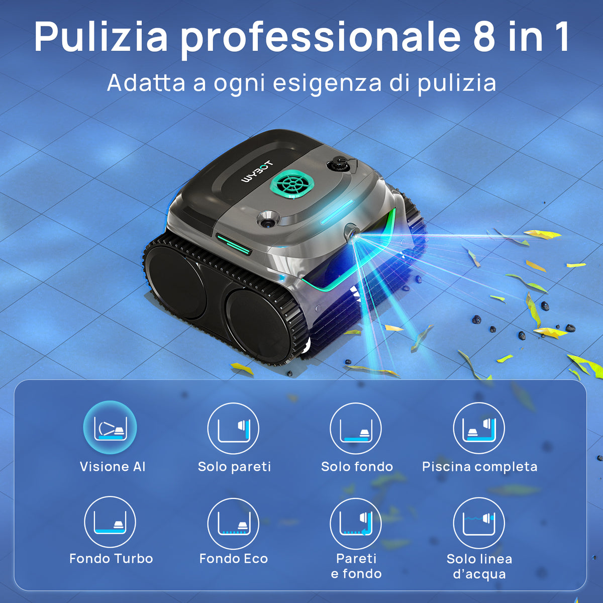 WYBOT C2 Vision Robot Piscina con Camera IA e Batteria 190min, 210m² Senza Fili, Doppio Filtro, 8 Modalità, Pulizia Fondo/Murature/Linea dell'Acqua,(2026Upgrade)Verdino Ombra Luna