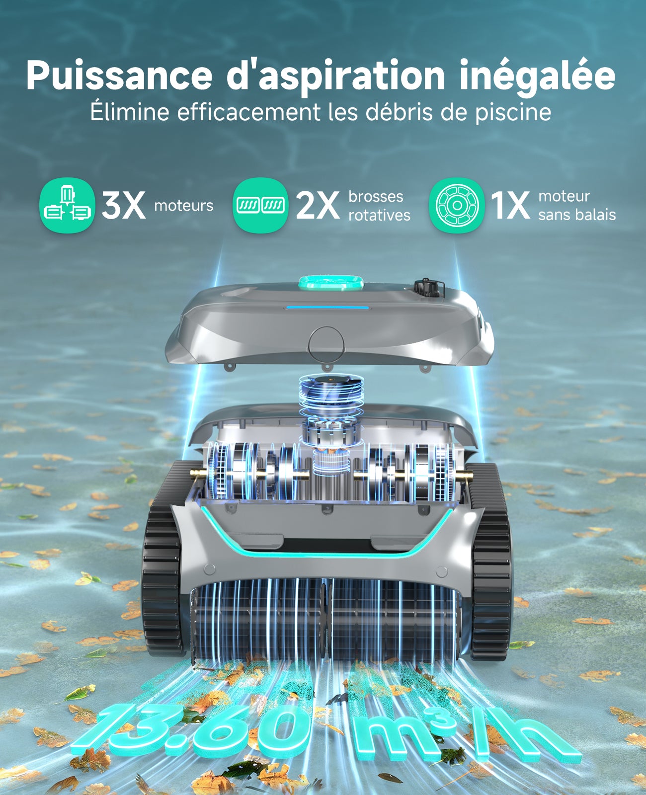 WYBOT C2 Robot Piscine Sans Fil pour Piscines Enterrées 150㎡, Double Filtration, 3 Moteurs, Aspiration Puissante, Nettoyage Parois & Ligne d'Eau, 180 Min, App(Vert gris foncé-Vert)