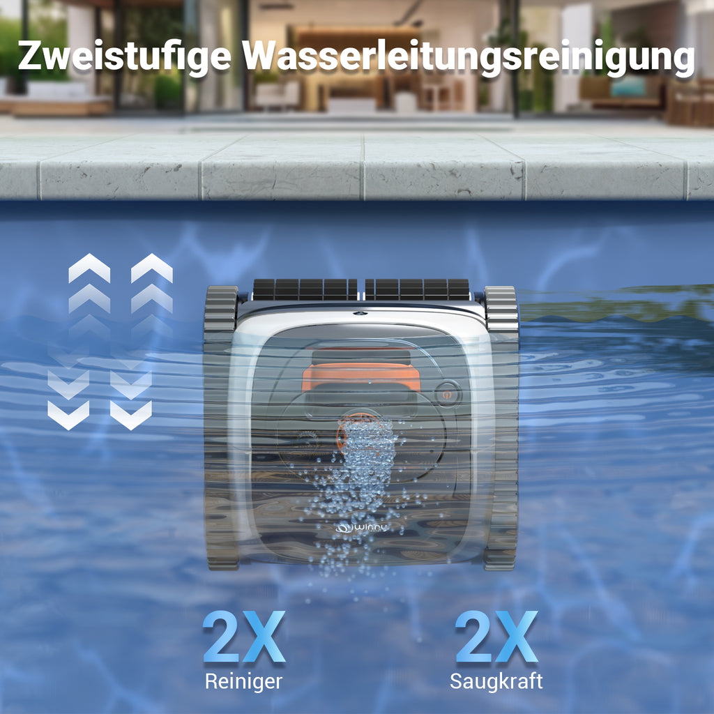 Winny C1 Poolroboter Akku Wand und Boden-Keine Kabel, Reinigt Boden & Wände, 150 min, Selbstparkend, App-Control, 150㎡ Reichweite, für ERD- & Aufstellpools, Schwarzorange, Weißorange