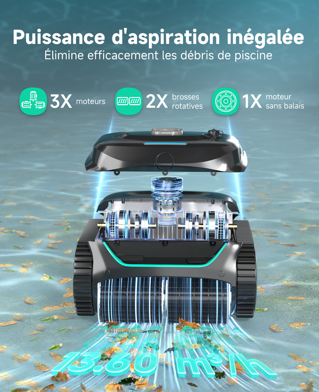 WYBOT C2 Robot Piscine Sans Fil, Double Filtration, 3 Moteurs, Aspiration Puissante, Nettoyage Fond et Parois & Ligne d'Eau, 180 Min, pour Piscines Enterrées 150㎡, App(Vert noir foncé-Gris)