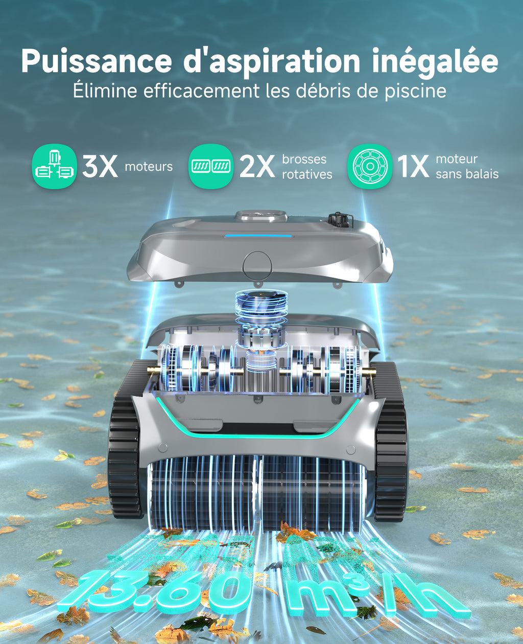 WYBOT C2 Robot Piscine Sans Fil, Double Filtration, 3 Moteurs, Aspiration Puissante, Nettoyage Fond et Parois & Ligne d'Eau, 180 Min, pour Piscines Enterrées 150㎡, App(Vert gris foncé-Gris)