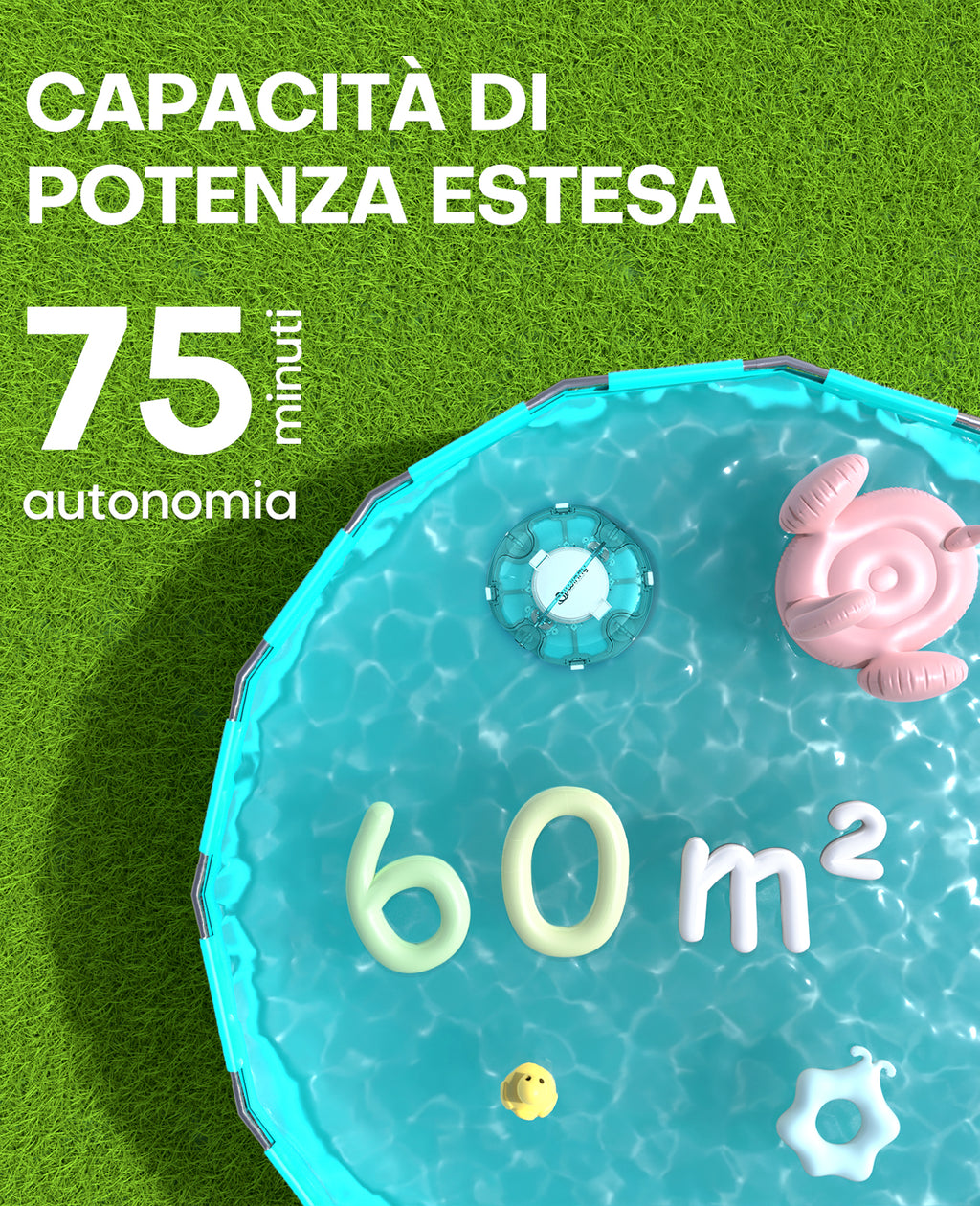 WINNY POOL CLEANER Winny 200 Robot Piscina, Piscina Senza Fili con Batteria, Autonomia 75 Min per Piscine Fuori Terra 60 m², Doppia Filtrazione, Parcheggio Automatico (Trasparente Blu-Bianco)