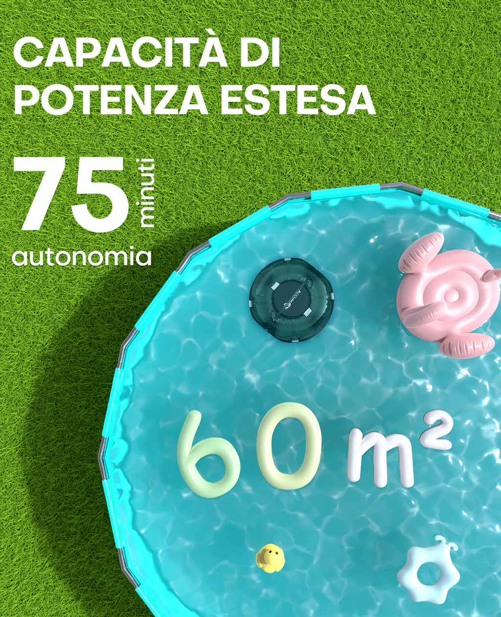 WINNY POOL CLEANER Winny 200 Robot Piscina, Piscina Senza Fili con Batteria, Autonomia 75 Min per Piscine Fuori Terra 60 m², Doppia Filtrazione, Parcheggio Automatico (Trasparente Verde Bianco)