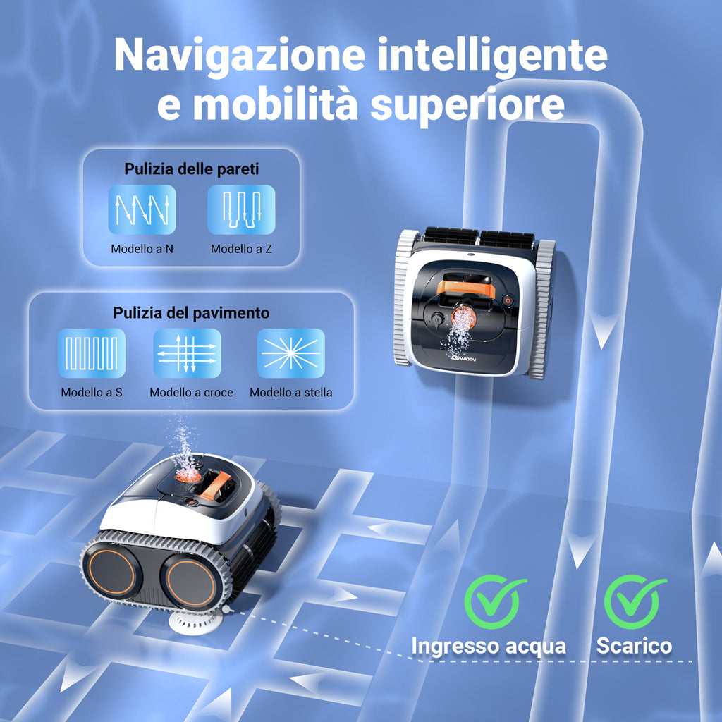 Winny C1 Robot Piscina e Robot Piscina Fuori Terra-Senza Fili, 150 min di Autonomia, Pulisce Fondo e Pareti, Navigazione Intelligente, per Piscine Interrate e Fuori Terra, Arancia Bianca