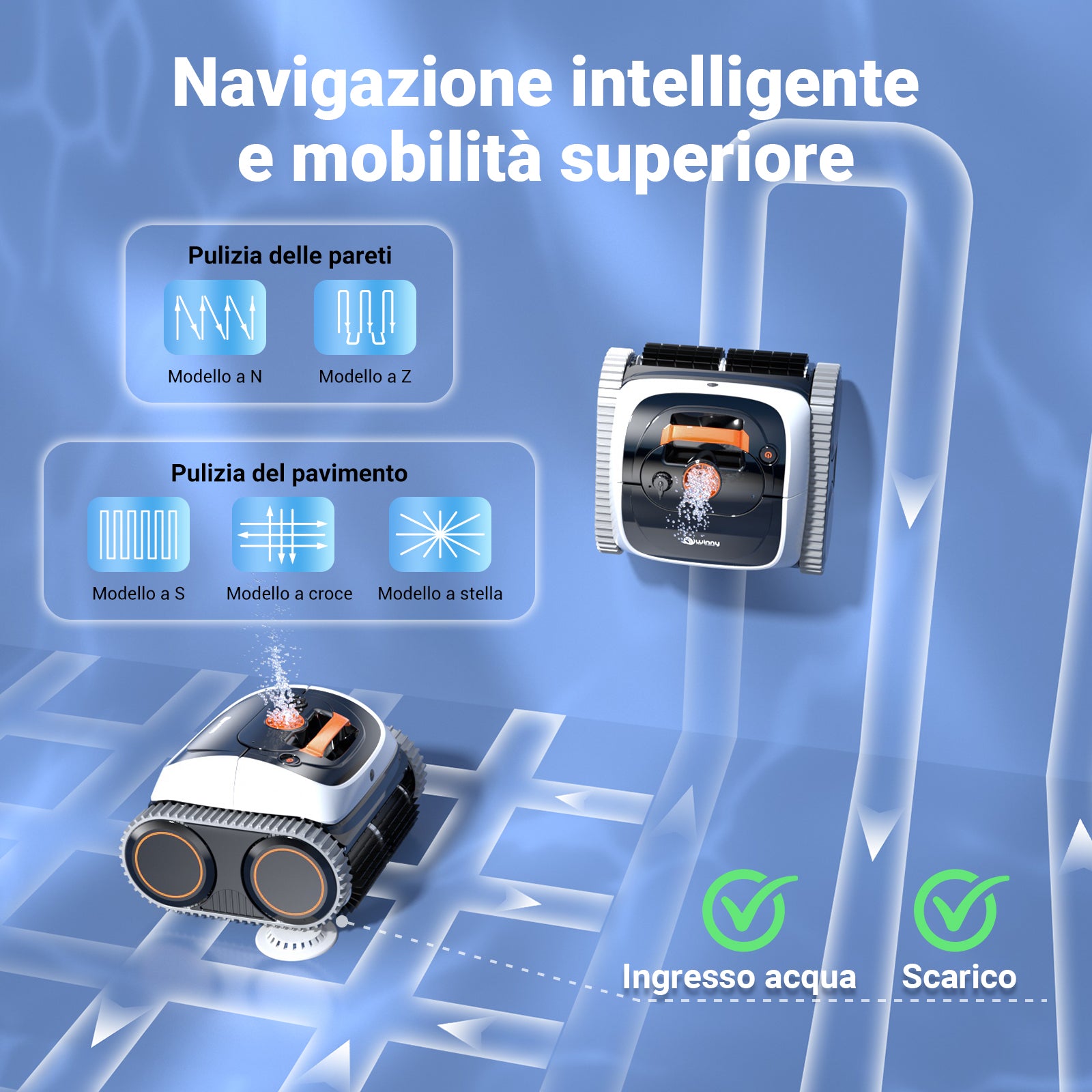 Winny C1 Robot Piscina e Robot Piscina Fuori Terra-Senza Fili, 150 min di Autonomia, Pulisce Fondo e Pareti, Navigazione Intelligente, per Piscine Interrate e Fuori Terra, Arancia Bianca