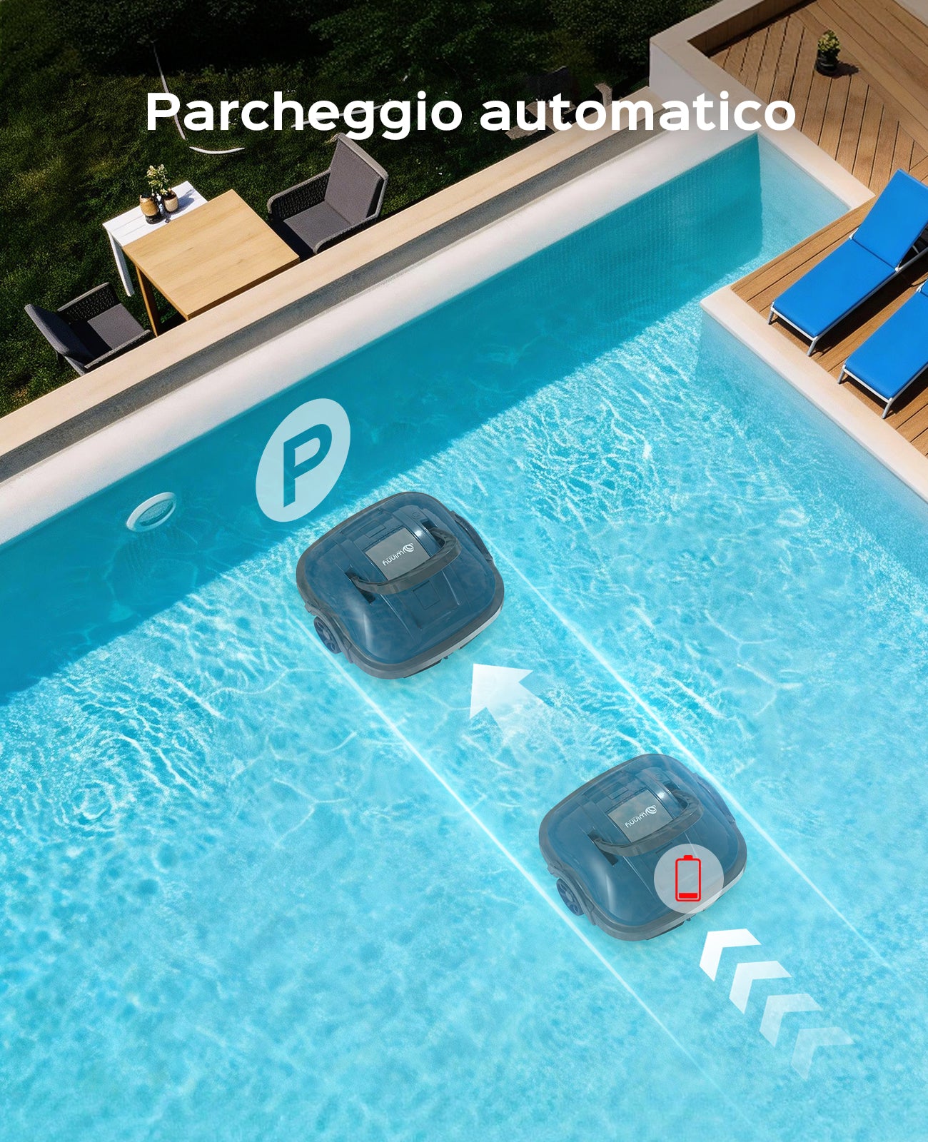 WINNY POOL CLEANER Winny 200 Max Robot Piscina Fuori Terra,Autonomia 100 Min,Robot Pulitore Piscina Senza Fili,Doppi Motori,Parcheggio Automatico,180 µm,per Piscine Fino a 80 m²-Blu Scuro