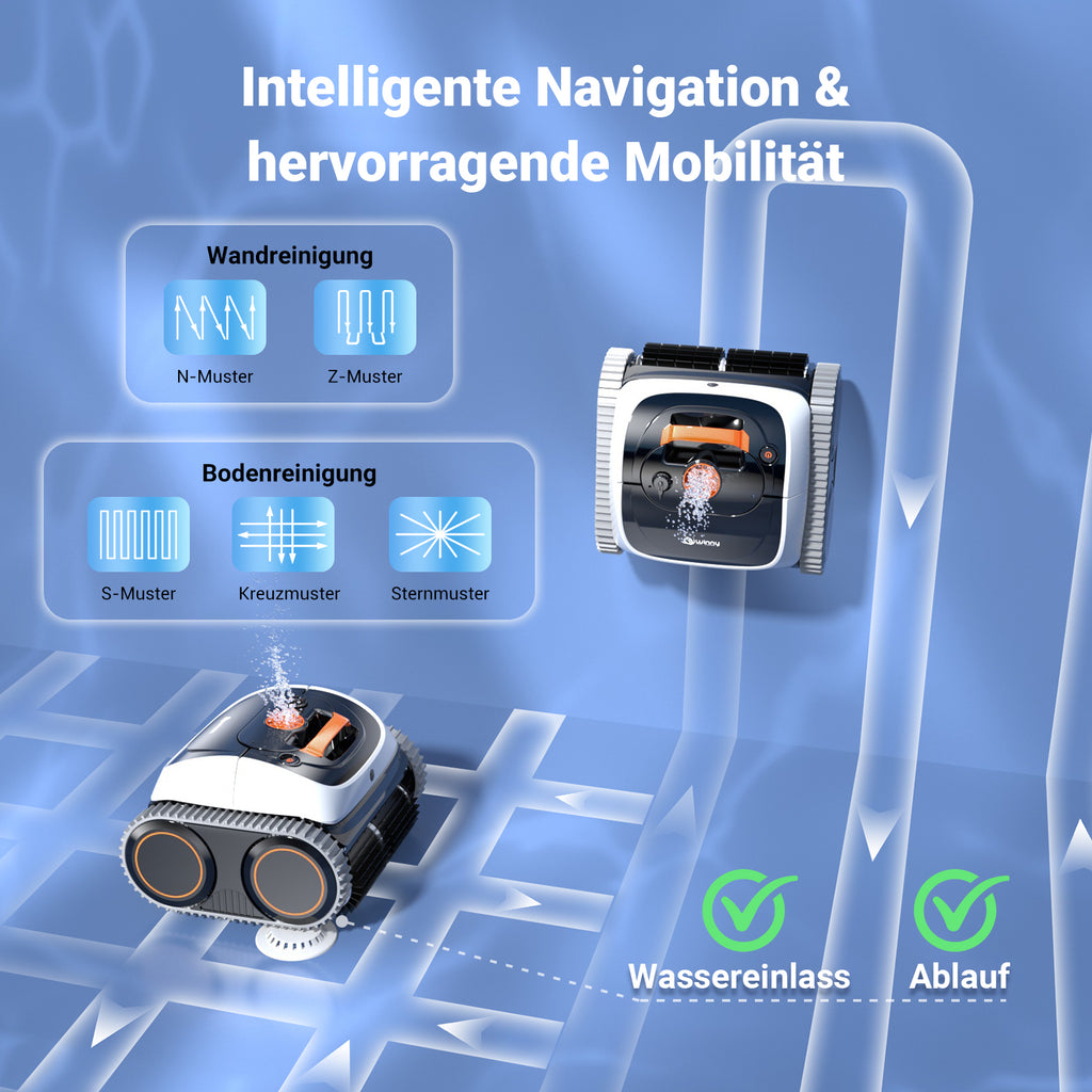 Winny C1 Poolroboter Akku Wand und Boden-Keine Kabel, Reinigt Boden & Wände, 150 min, Selbstparkend, App-Control, 150㎡ Reichweite, für ERD- & Aufstellpools, Schwarzorange, Weißorange