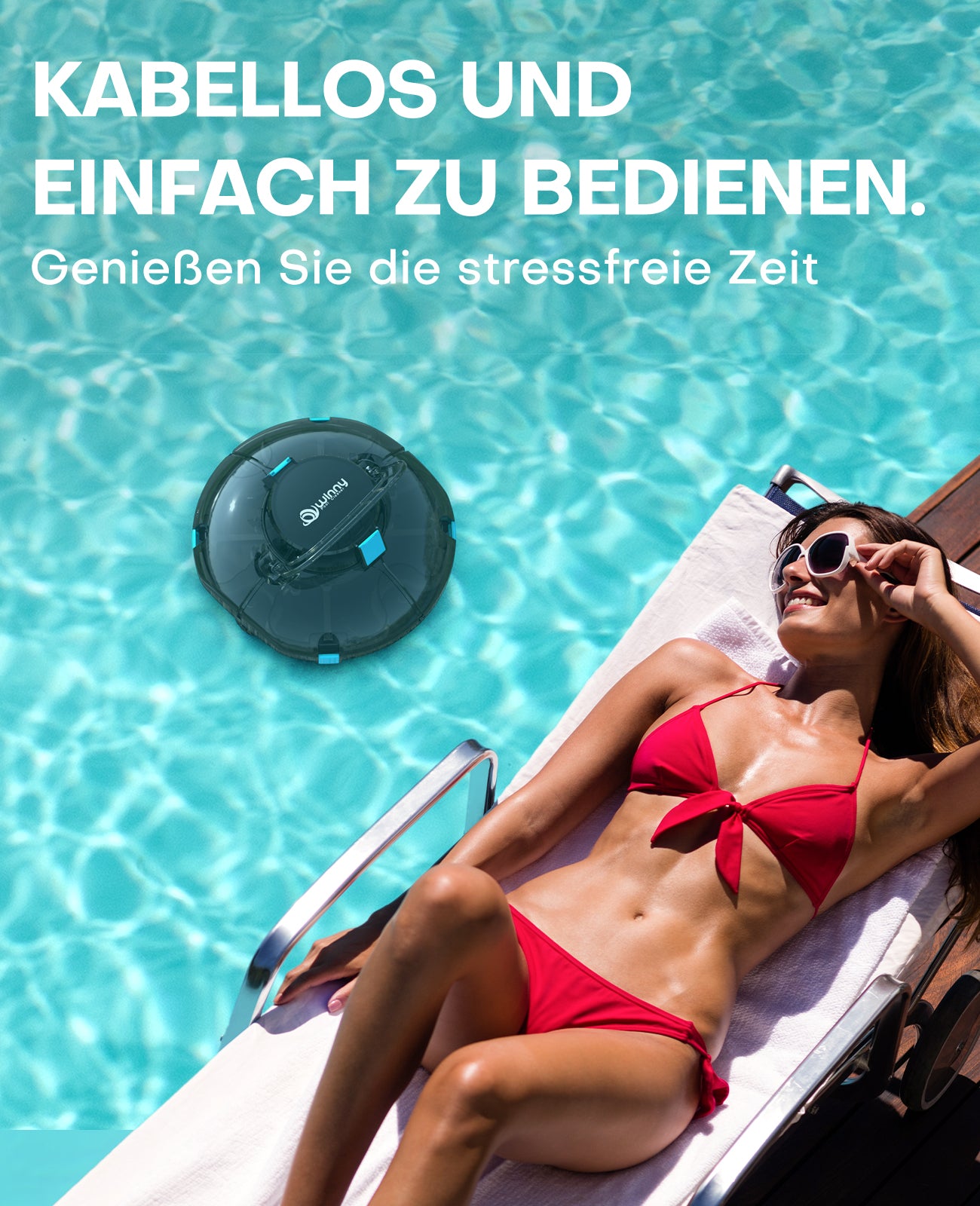WINNY POOL CLEANER Winny 200 Poolroboter, Poolsauger kabellos mit Akku, 75 Min. Laufzeit, für Aufstellpools bis 60 m², Doppelfiltration, Automatisches Parken, Kompakt Leicht (Transparentes Blau-Weiß)