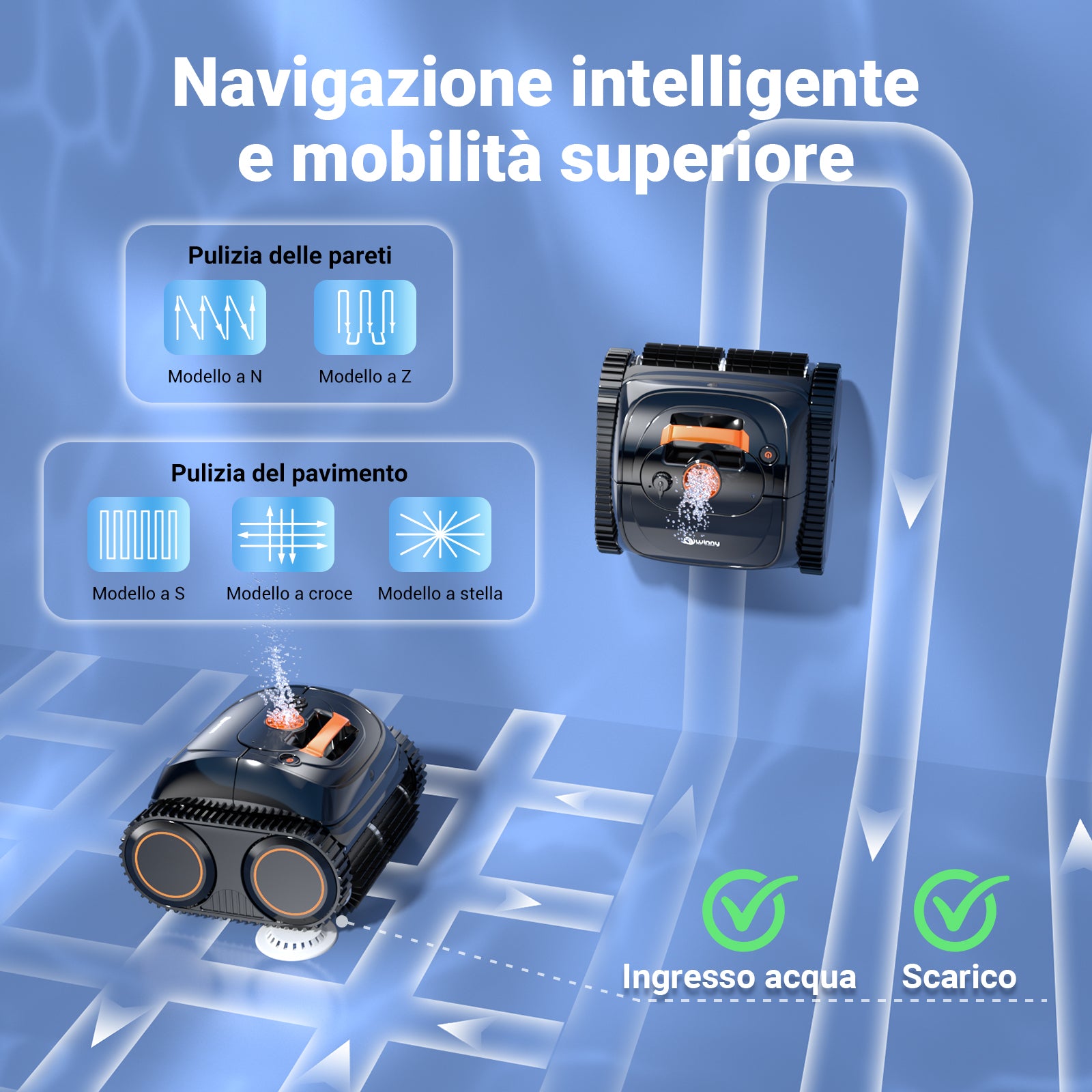 Winny C1 Robot Piscina e Robot Piscina Fuori Terra-Senza Fili, 150 min di Autonomia, Pulisce Fondo e Pareti, Navigazione Intelligente, per Piscine Interrate e Fuori Terra, Arancia Nera