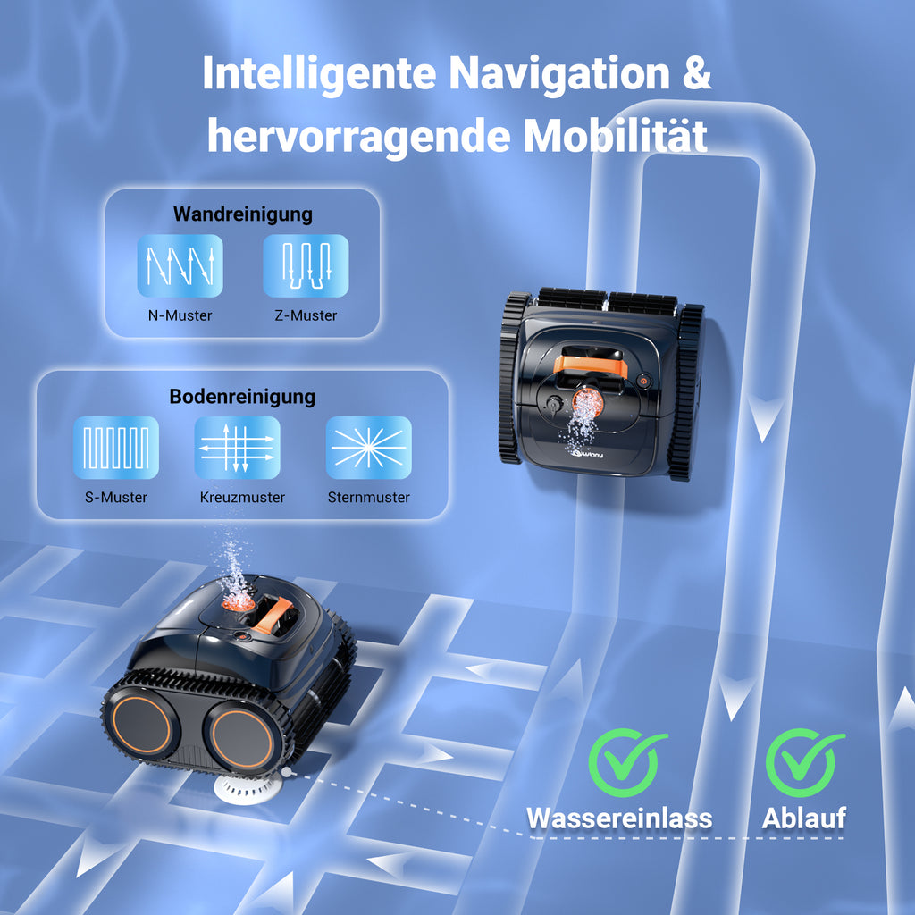 Winny C1 Poolroboter Akku Wand und Boden-Keine Kabel, Reinigt Boden & Wände, 150 min, Selbstparkend, App-Control, 150㎡ Reichweite, für ERD- & Aufstellpools, Schwarzorange