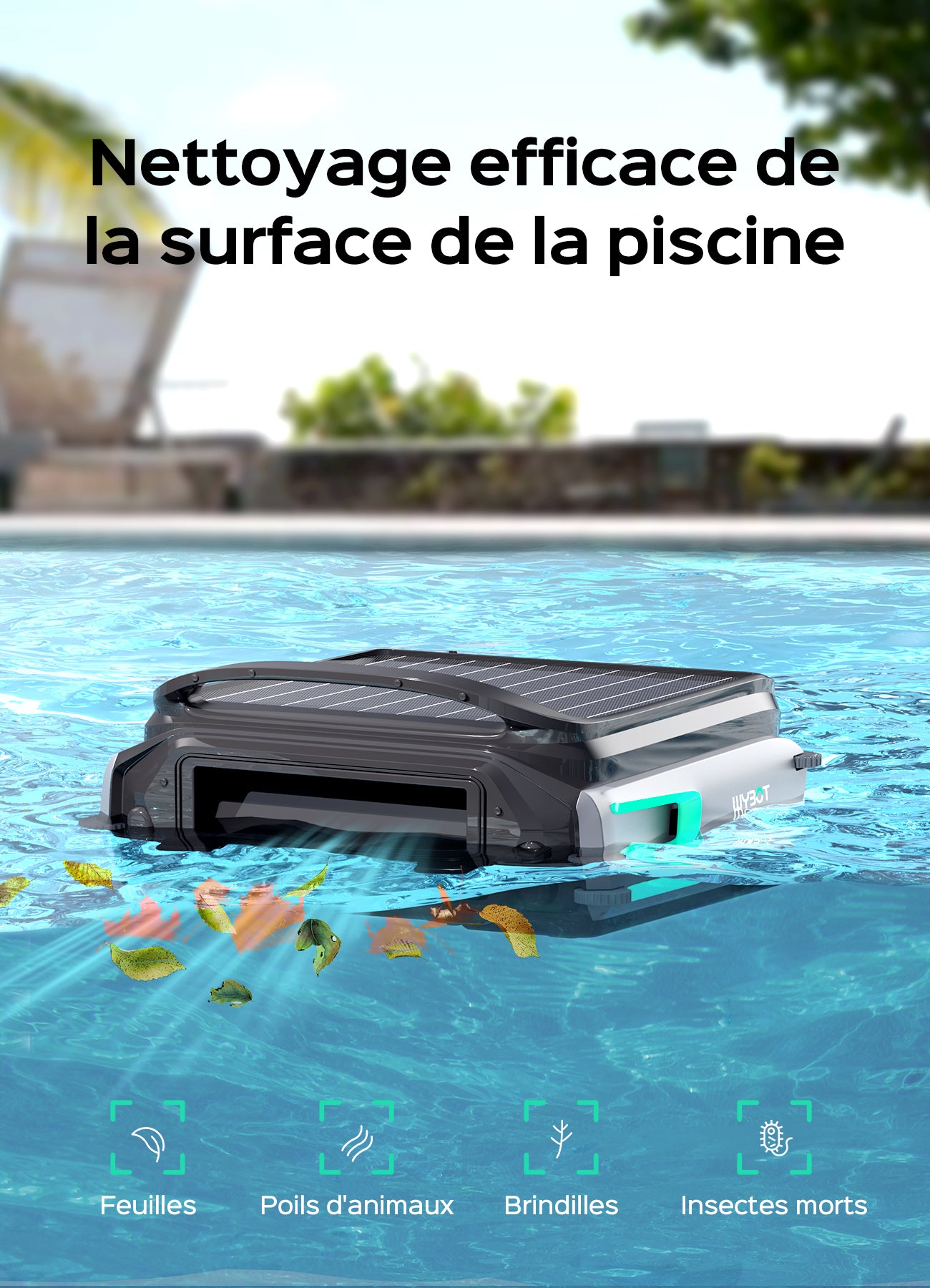 WYBOT F1 Skimmer Piscine Hors Sol Double Énergie (Solaire + Batterie), Nettoie La Surface De L’Eau, Pilotage par App, Fonctionne 24h/24, pour Toutes Piscines – Robot Piscine sans Fil,Vert Olive