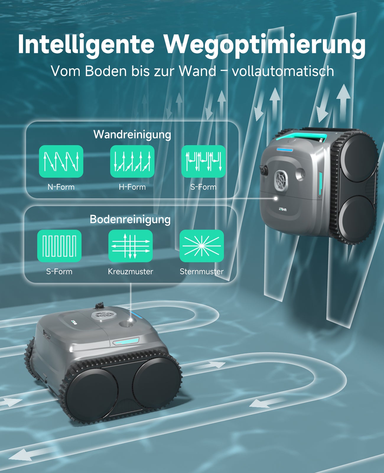 WYBOT C2 Poolroboter Akku Boden und Wand, 3-Fach Motor, Doppelfiltration, Wandkletter & Wasserlinienreinigung, 180 Min Laufzeit, für Einbaupools bis 150㎡, App-Steuerung(Dunkelgraugrün-Grau)