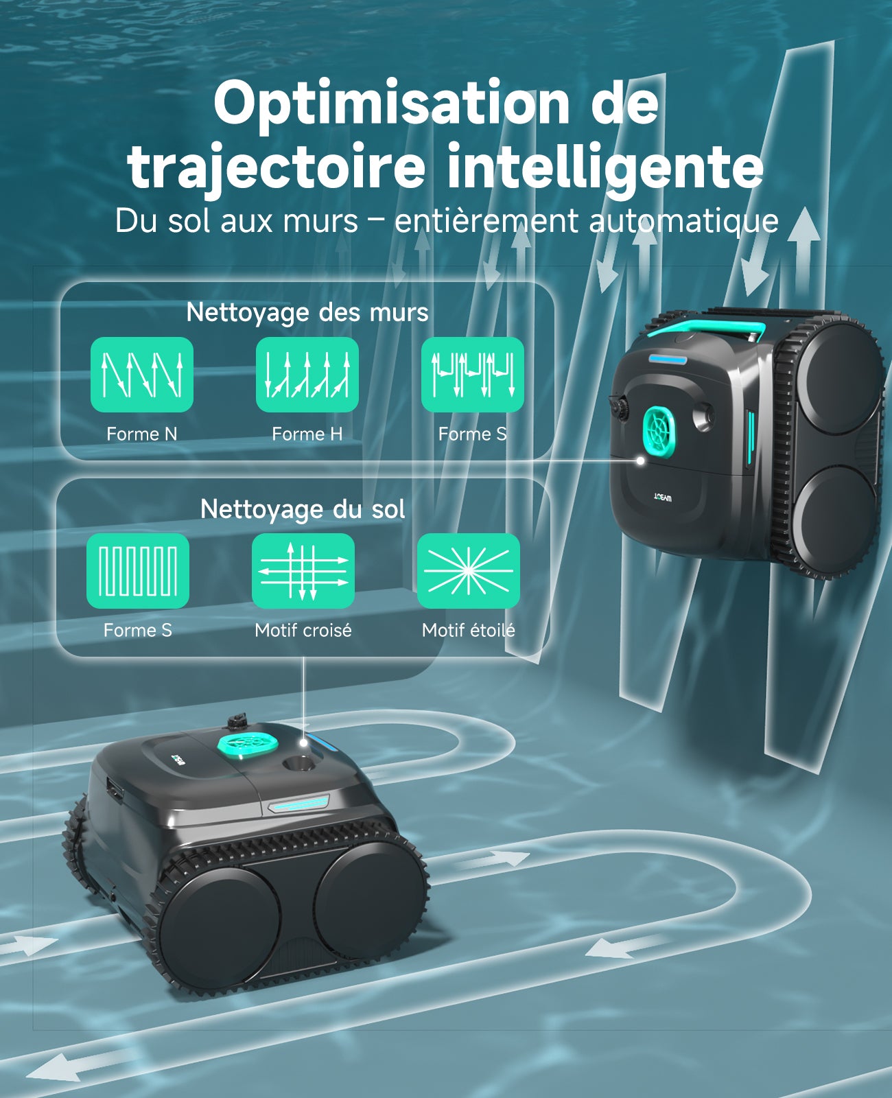 WYBOT C2 Robot Piscine Sans Fil, Double Filtration, 3 Moteurs, Aspiration Puissante, Nettoyage Fond et Parois & Ligne d'Eau, 180 Min, pour Piscines Enterrées 150㎡, App(Vert noir foncé-Vert)