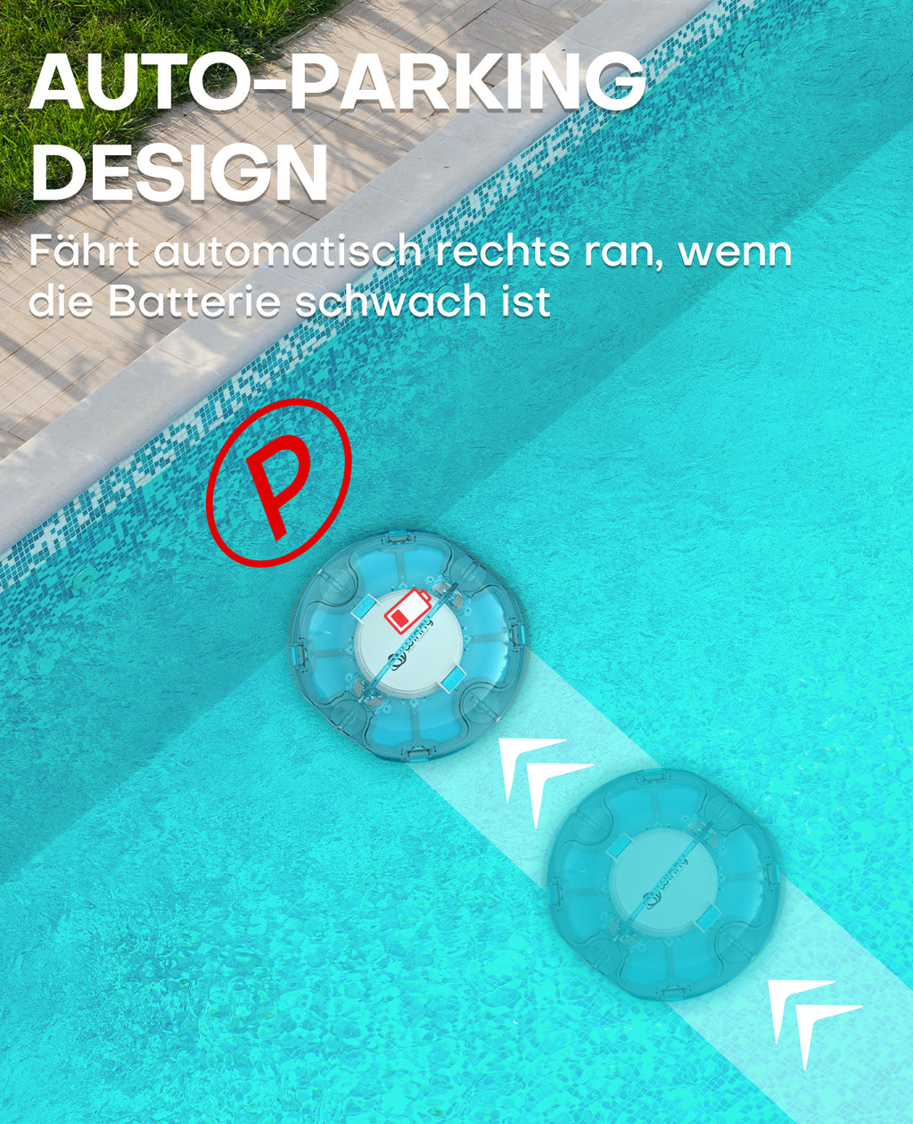 WINNY POOL CLEANER Winny 200 Poolroboter, Poolsauger kabellos mit Akku, 75 Min. Laufzeit, für Aufstellpools bis 60 m², Doppelfiltration, Automatisches Parken, Kompakt Leicht (Transparentes Blau)