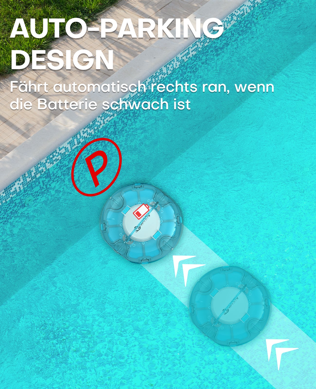 WINNY POOL CLEANER Winny 200 Poolroboter, Poolsauger kabellos mit Akku, 75 Min. Laufzeit, für Aufstellpools bis 60 m², Doppelfiltration, Automatisches Parken, Kompakt Leicht (Transparentes Blau)